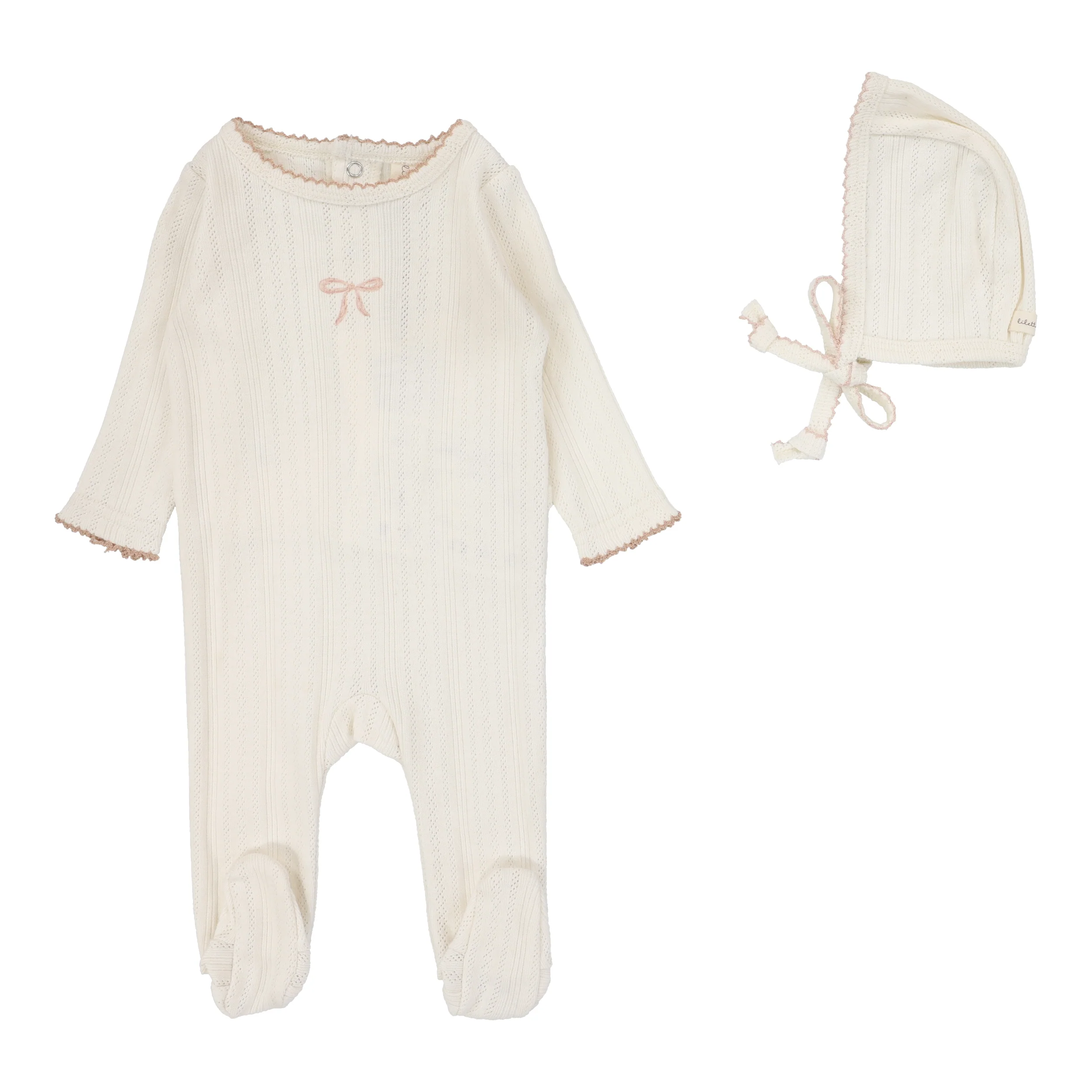 Lilette Pointelle Graphic Footie And Hat - Cream/Pink Bow