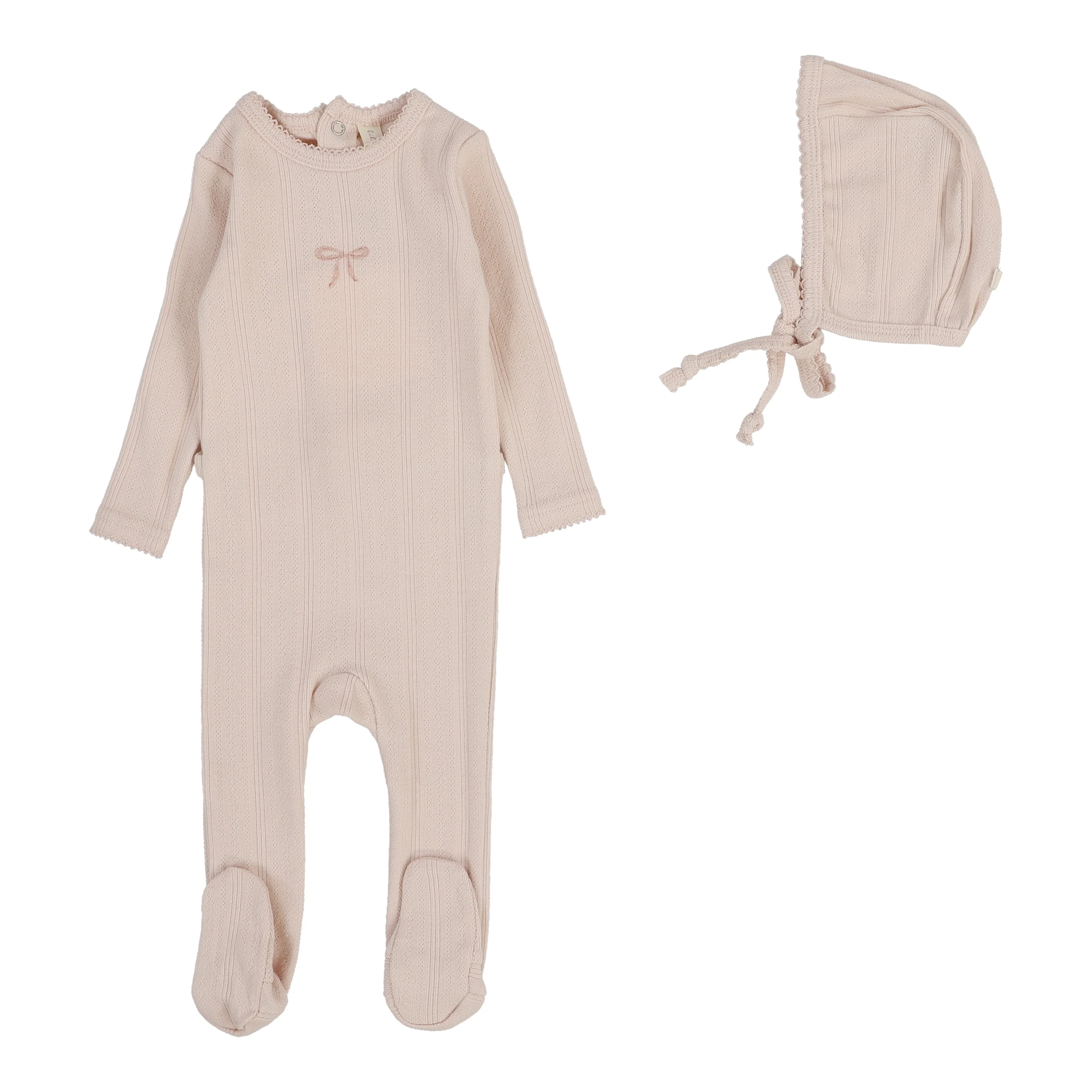 Lilette Pointelle Graphic Footie And Hat - Soft Pink Bow