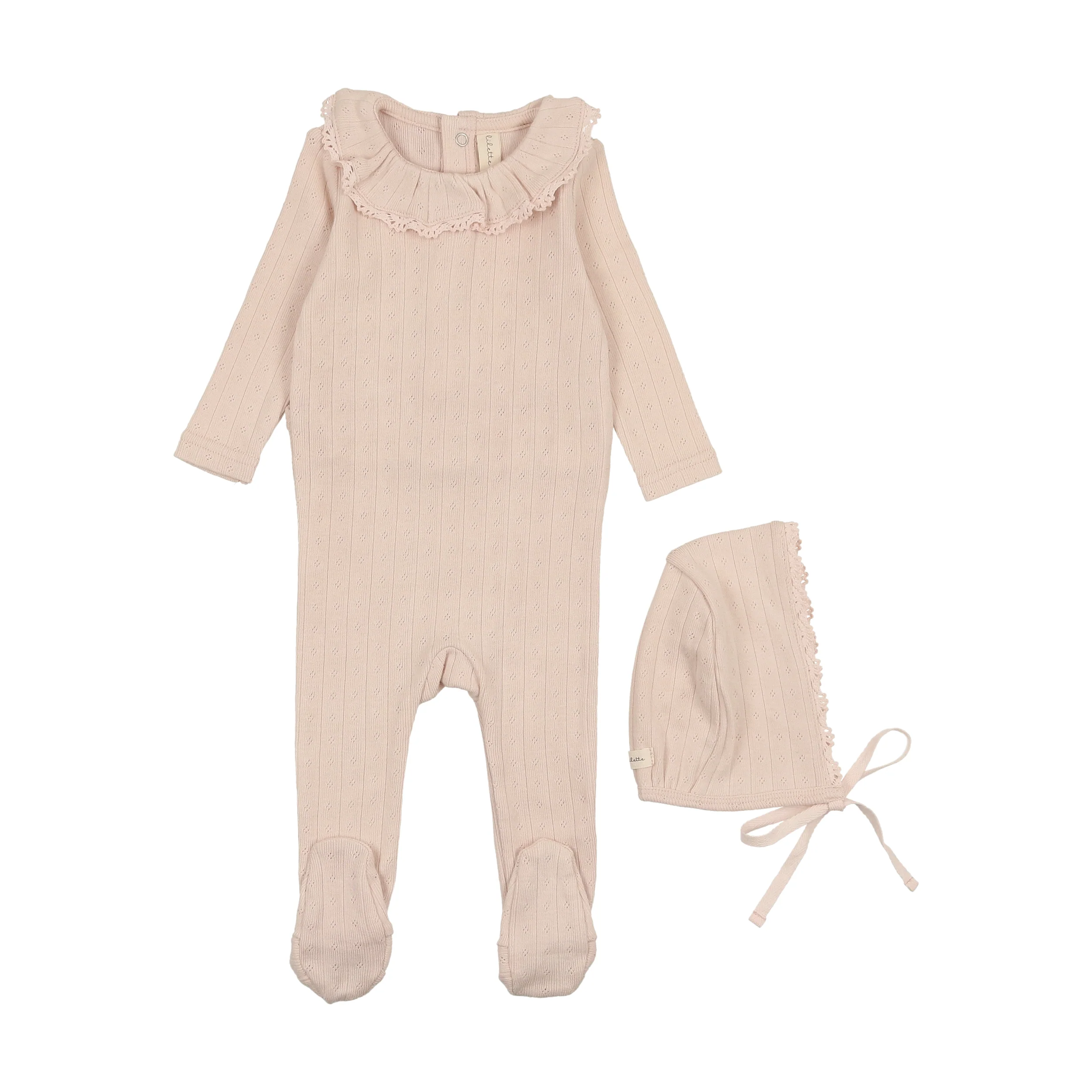 Lilette Fine Pointelle Ruffle Collar Footie & Bonnet - Petal