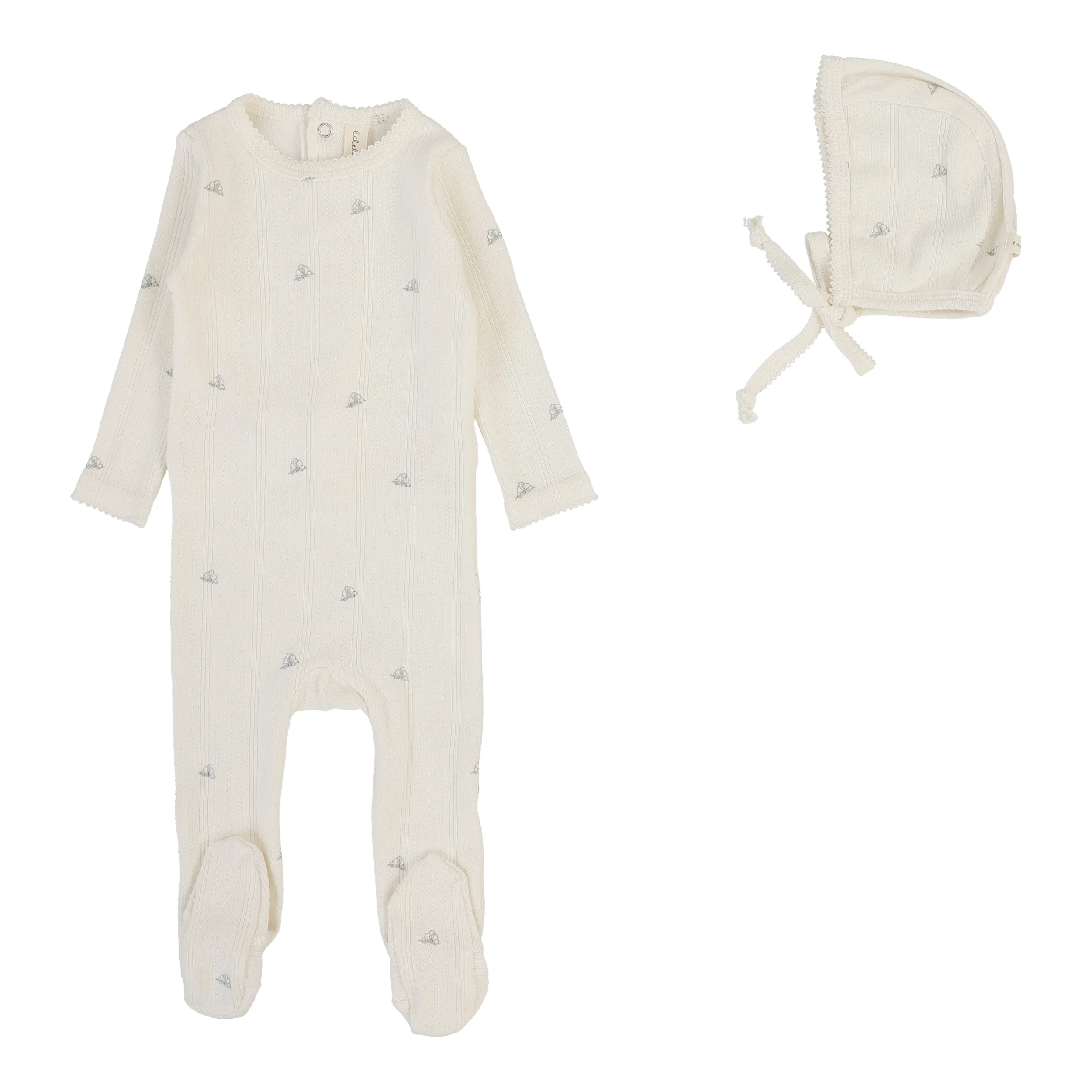 Lilette Printed Pointelle Footie And Hat - Cream/Blue Crown