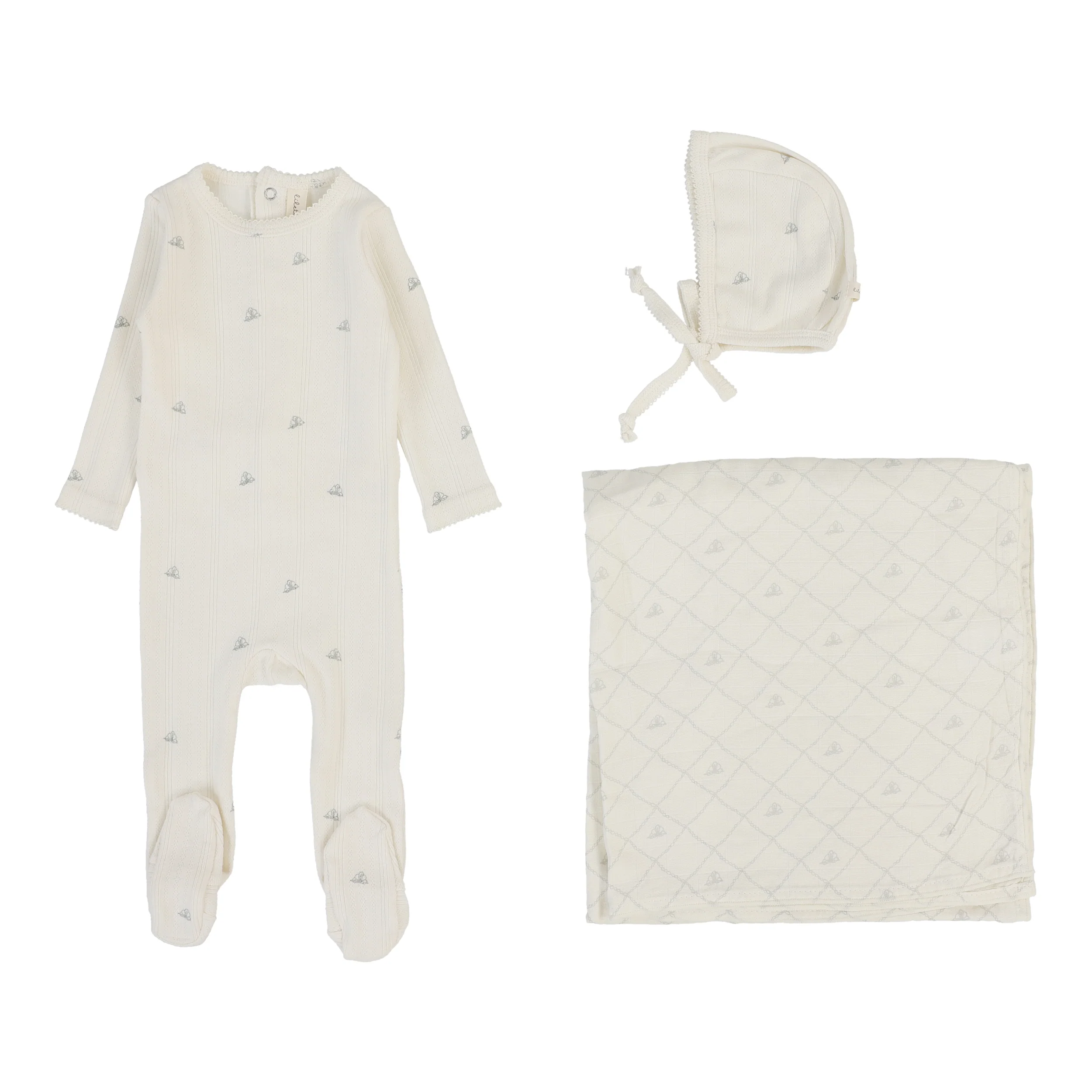 Lilette Printed Pointelle Layette Set - Cream/Blue Crown
