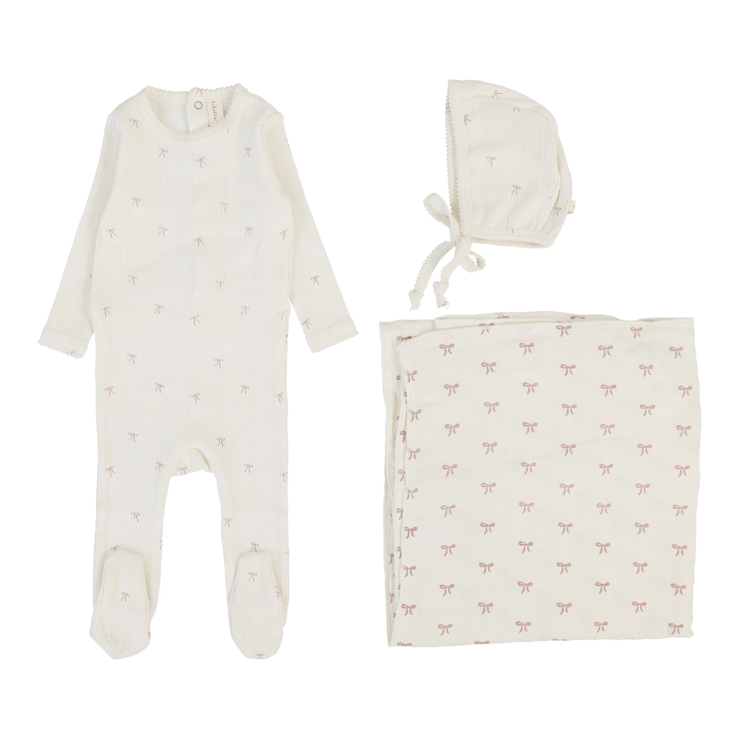 Lilette Printed Pointelle Layette Set - Cream/Pink Bow