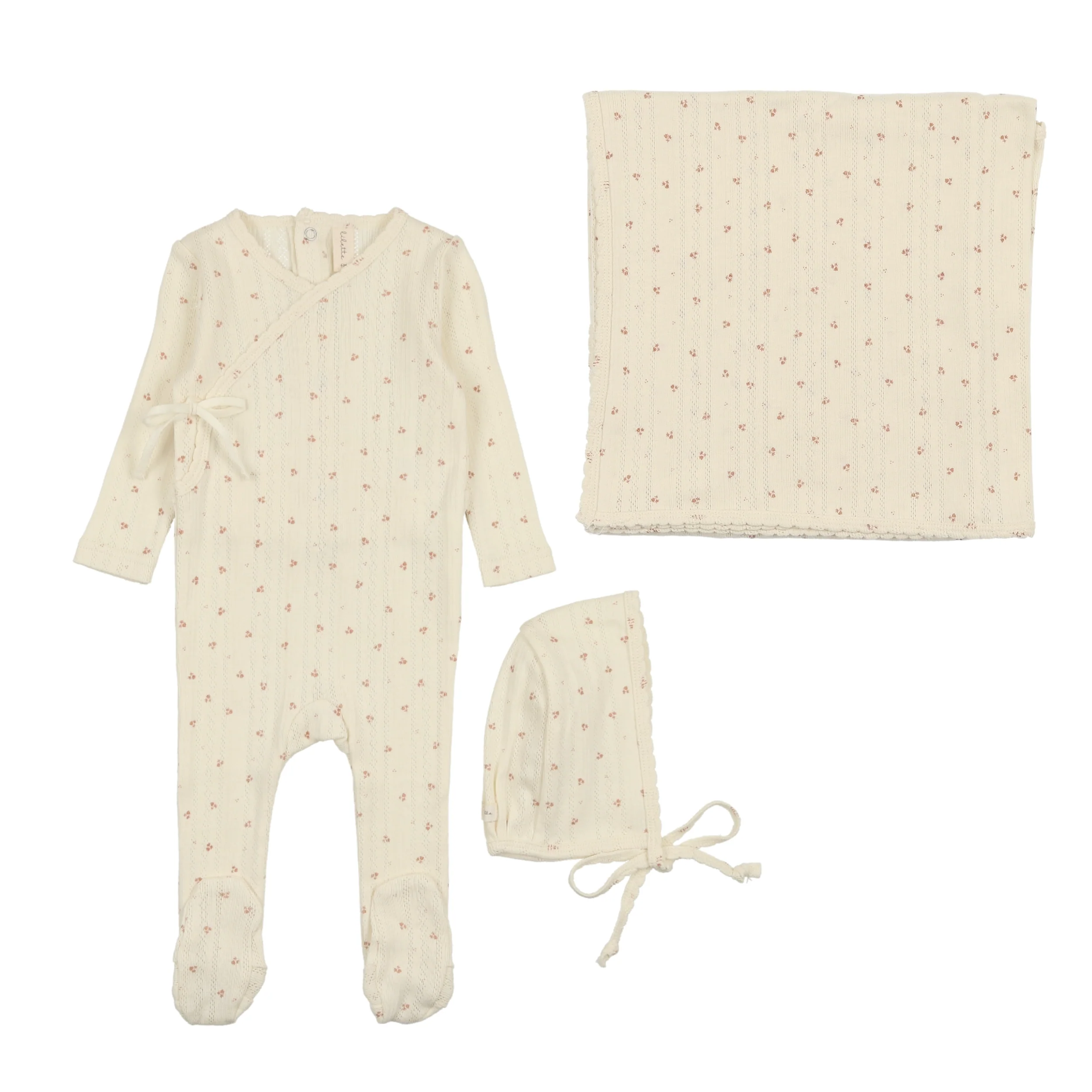 Lilette Printed Pointelle Wrap 3PC Set- Milk/Rose