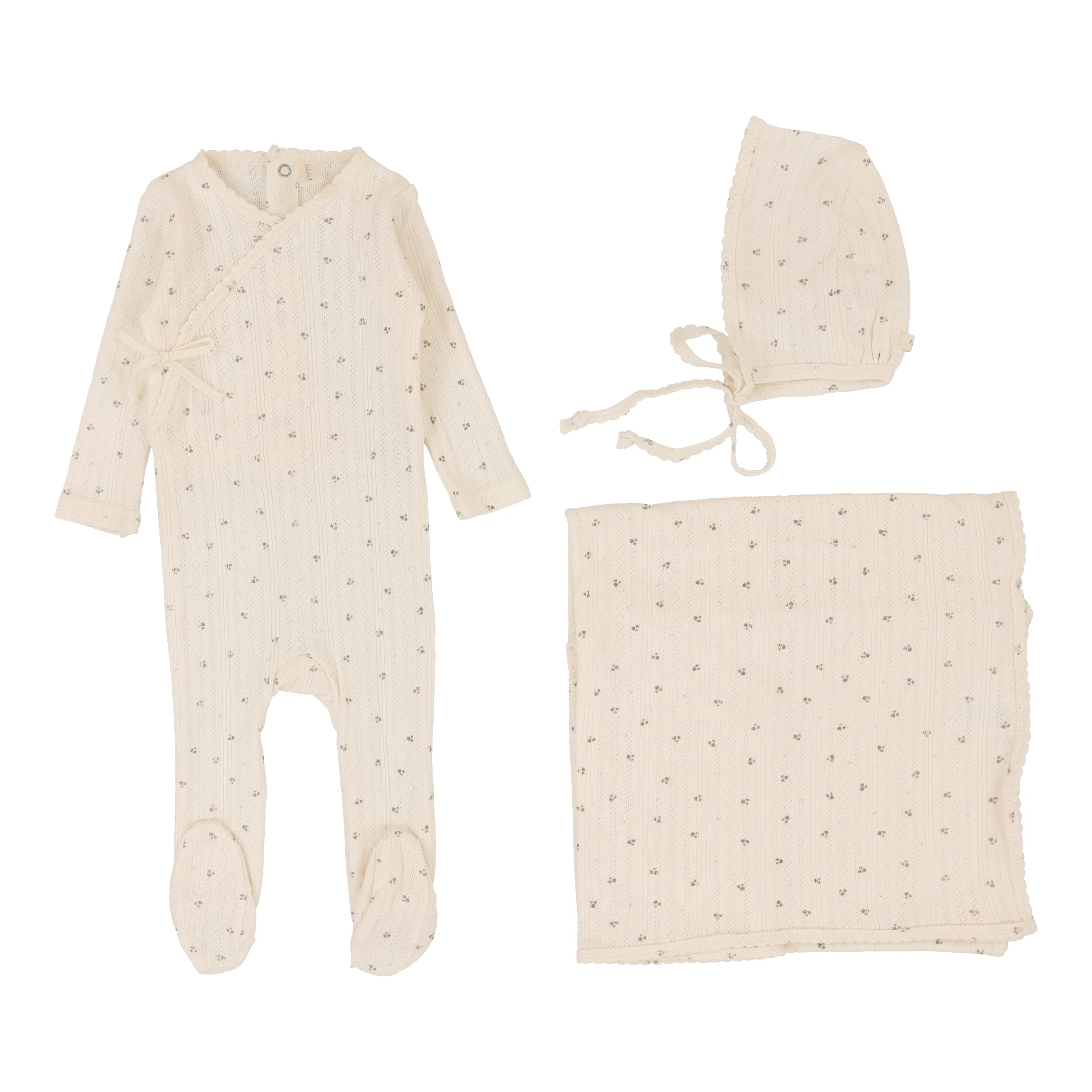 Lilette Printed Pointelle Wrap 3PC Set- Milk/Taupe
