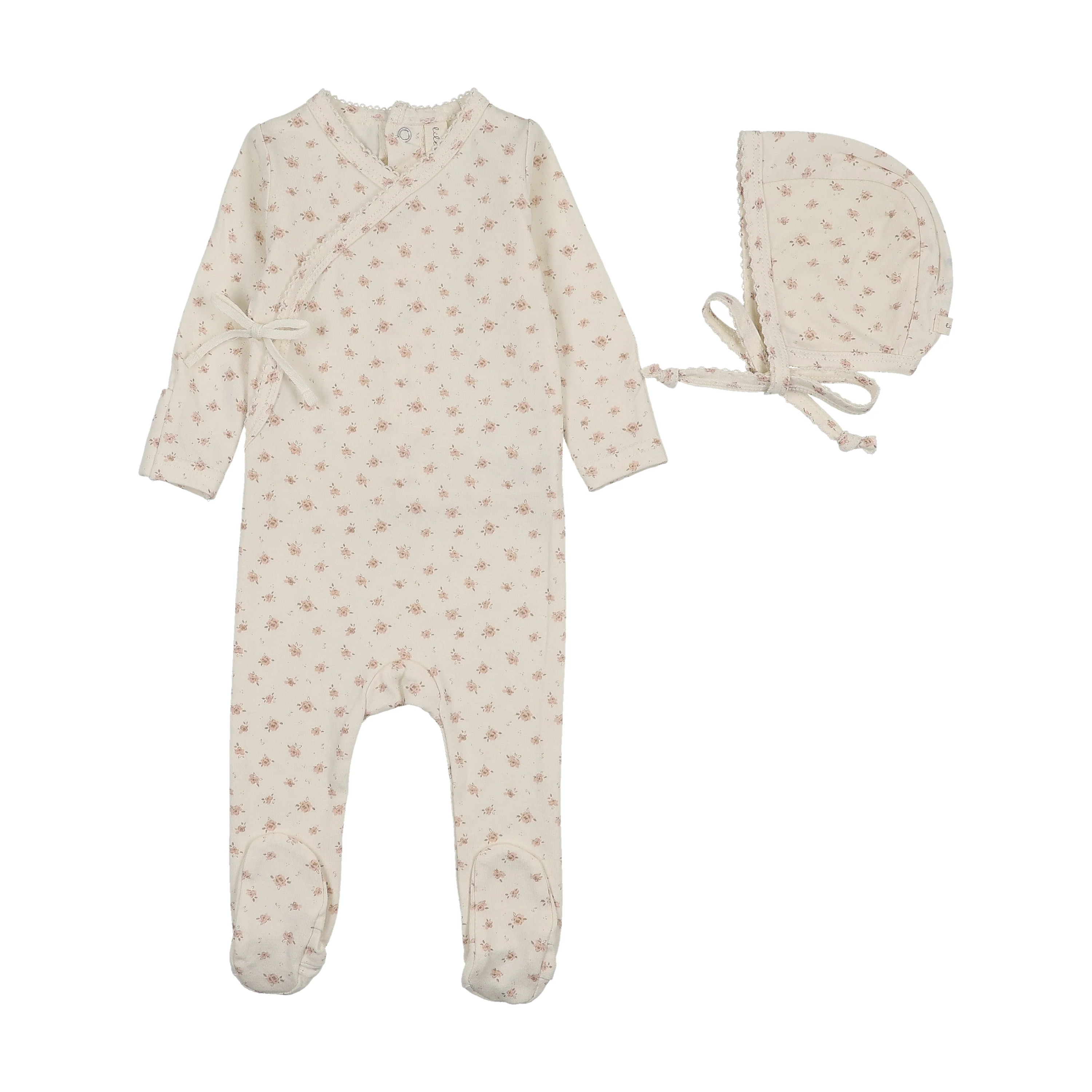 Lilette Printed Wrapover Footie And Hat Set - Cream/Pink