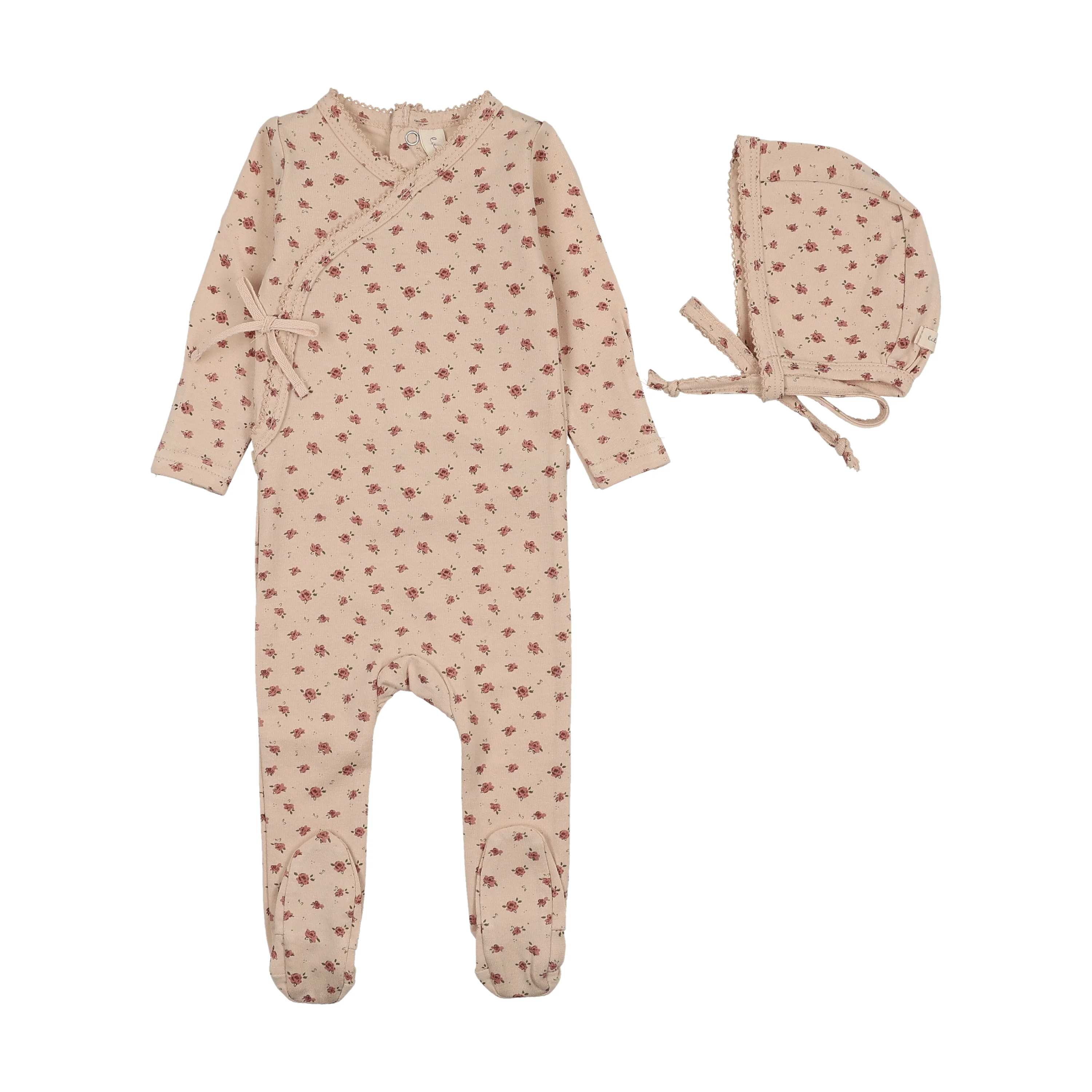 Lilette Printed Wrapover Footie And Hat Set - Petal