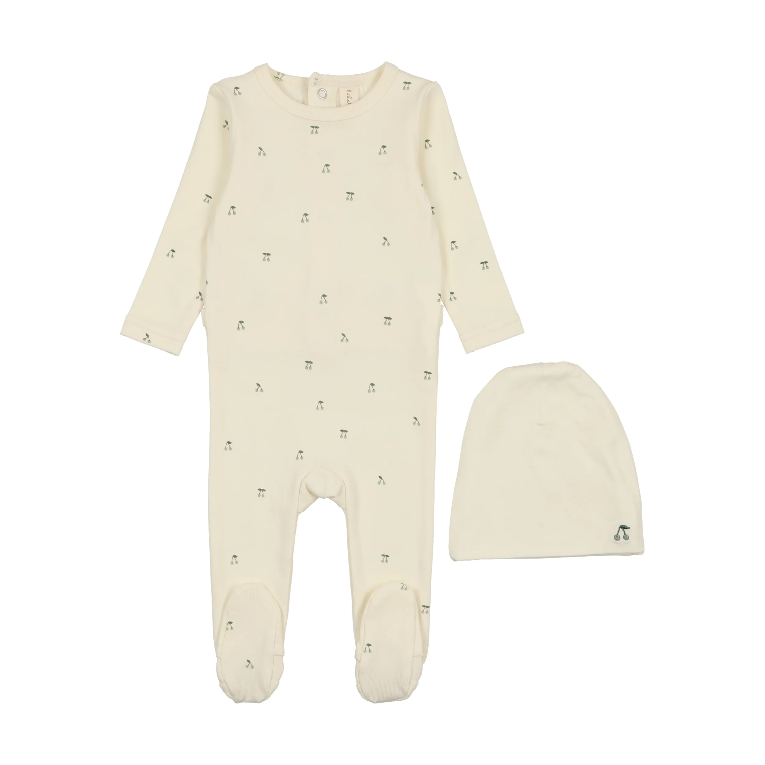 Lilette Scattered Cherry Footie & Beanie - Ivory/Mint
