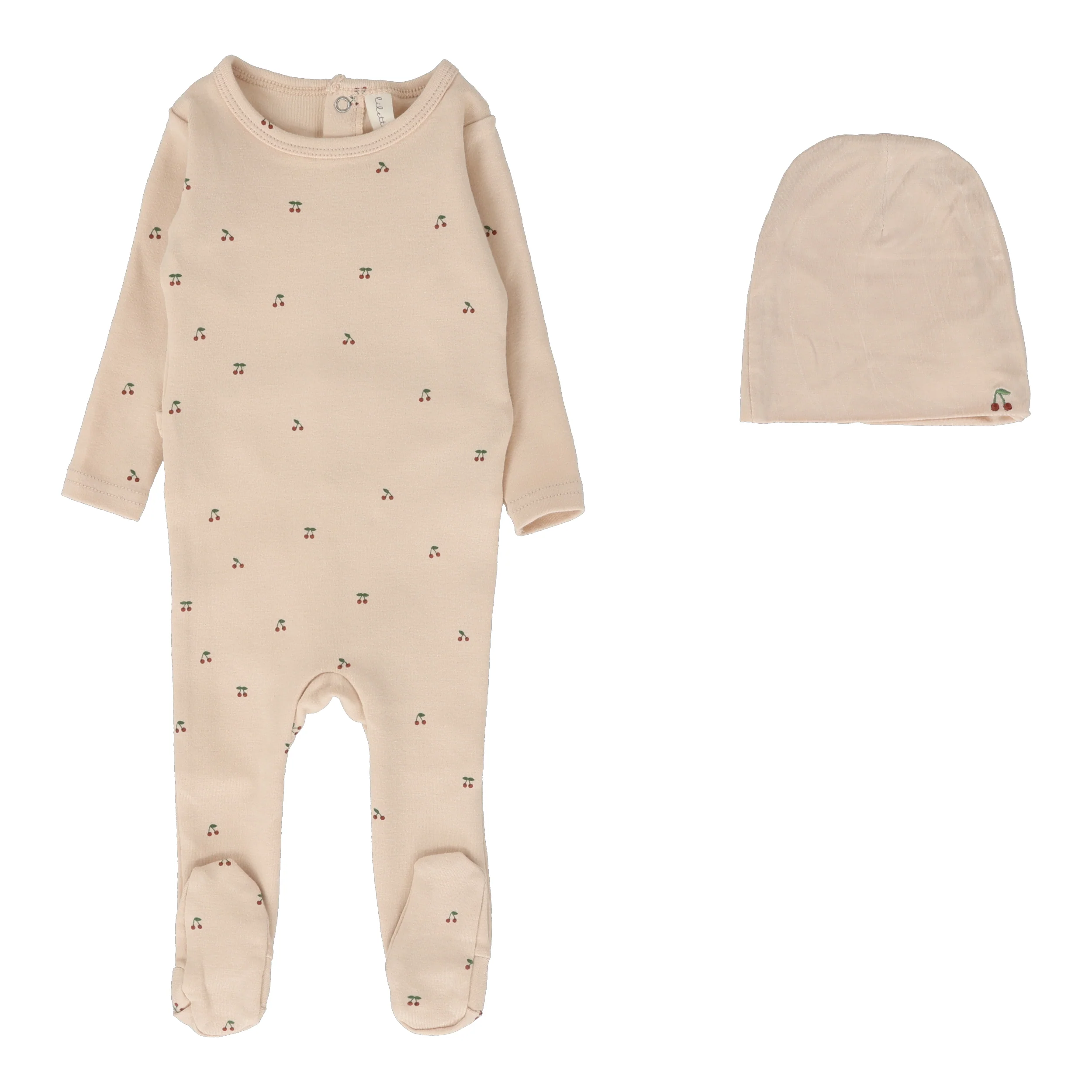 Lilette Scattered Cherry Footie & Beanie - Pale Peach Base