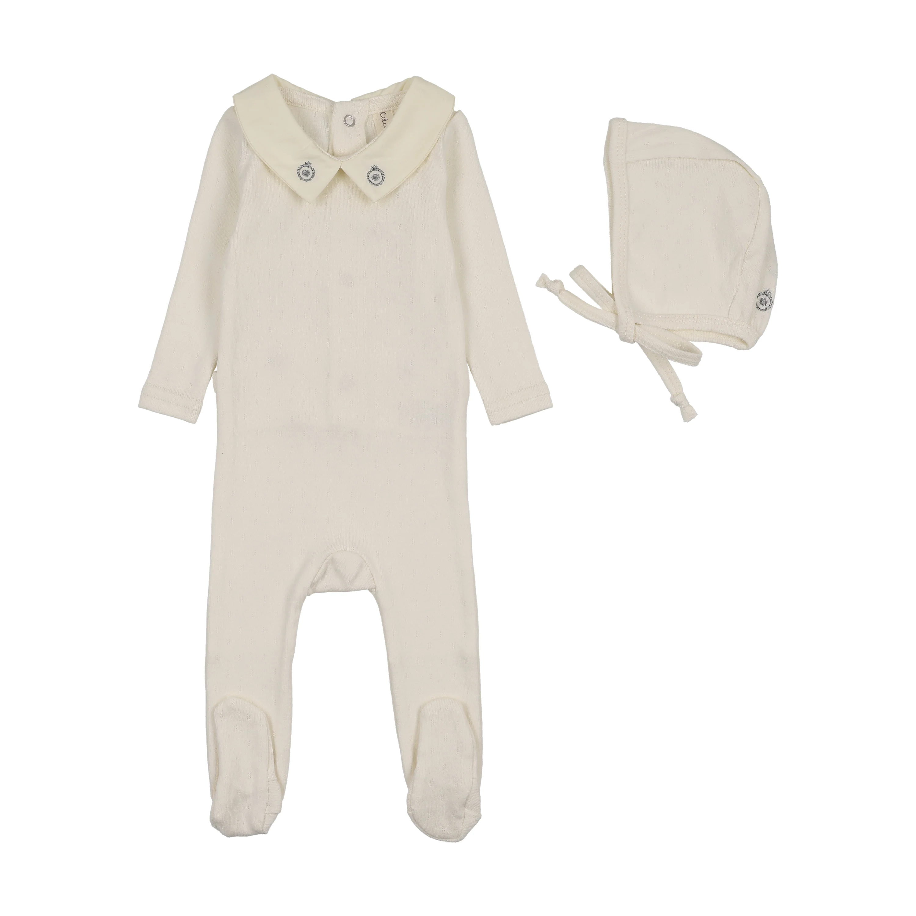 Lilette Sweetheart Collar Footie And Hat - Cream/Blue