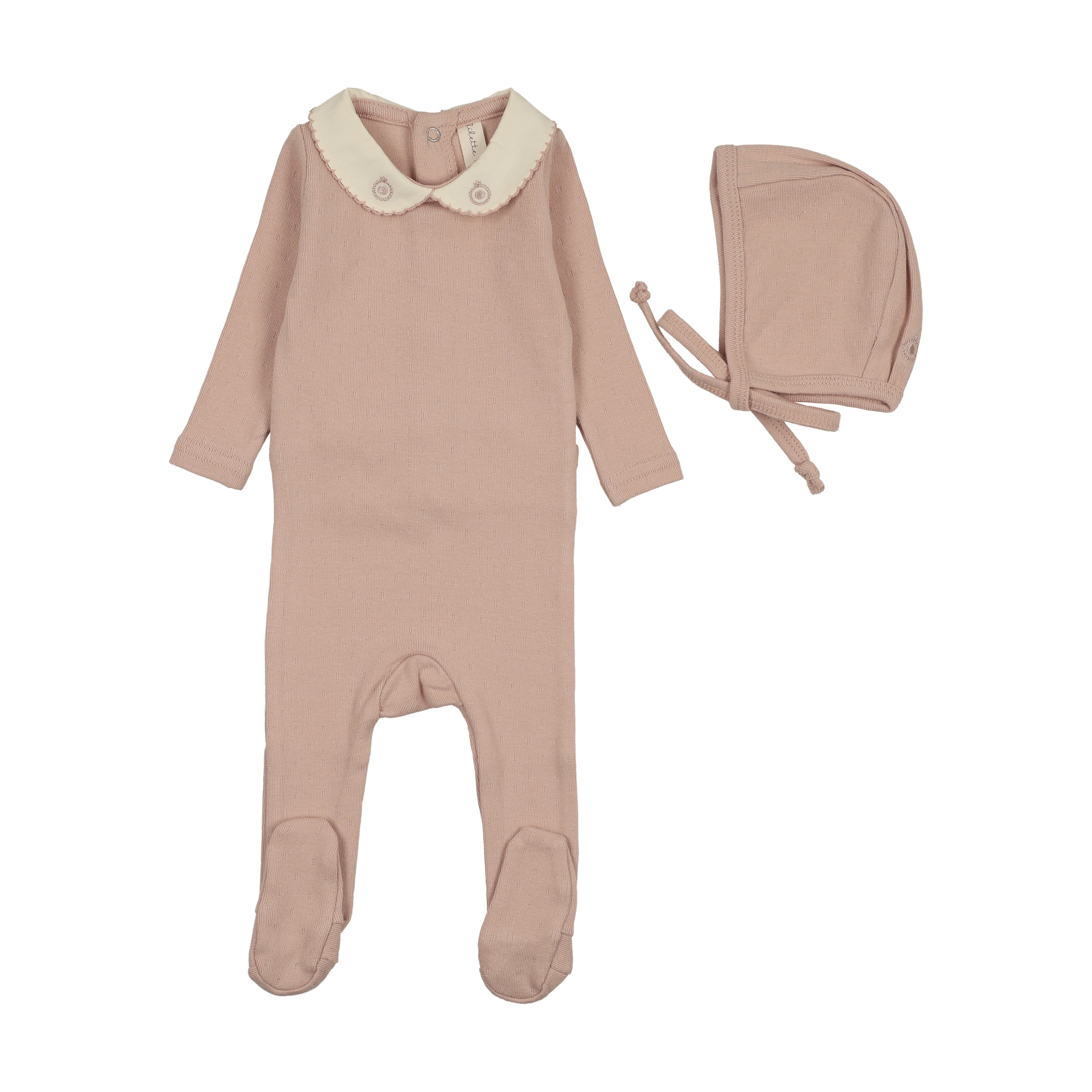 Lilette Sweetheart Collar Footie And Hat - Dusty Pink