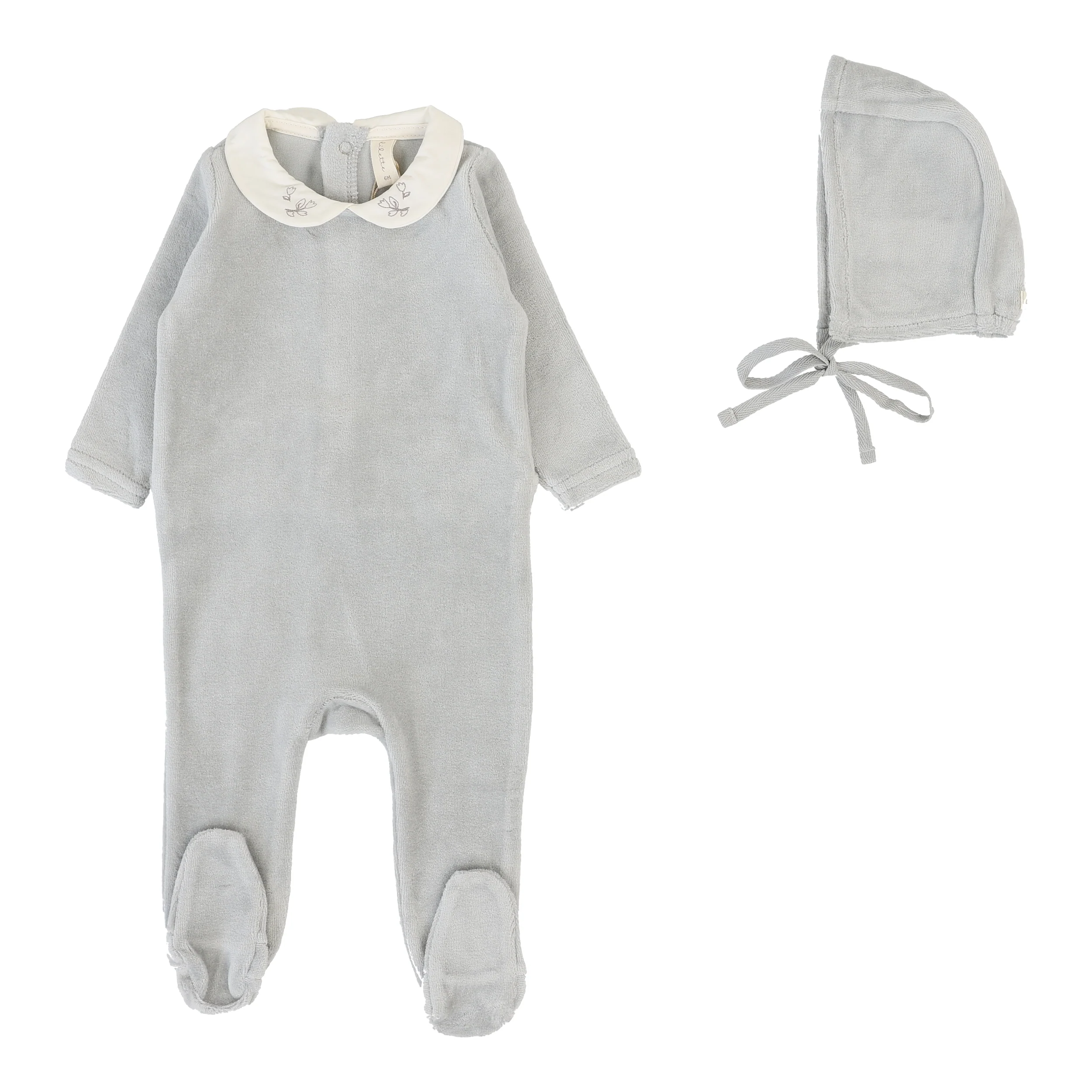 Lilette Velour Collar Footie And Hat - Dusty Blue