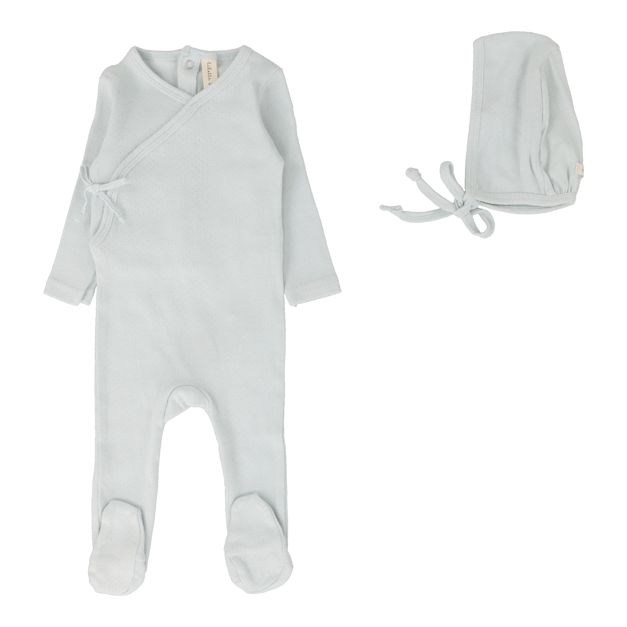 Lilette Pinpoint Wrapover Footie & Bonnet - Sky Blue