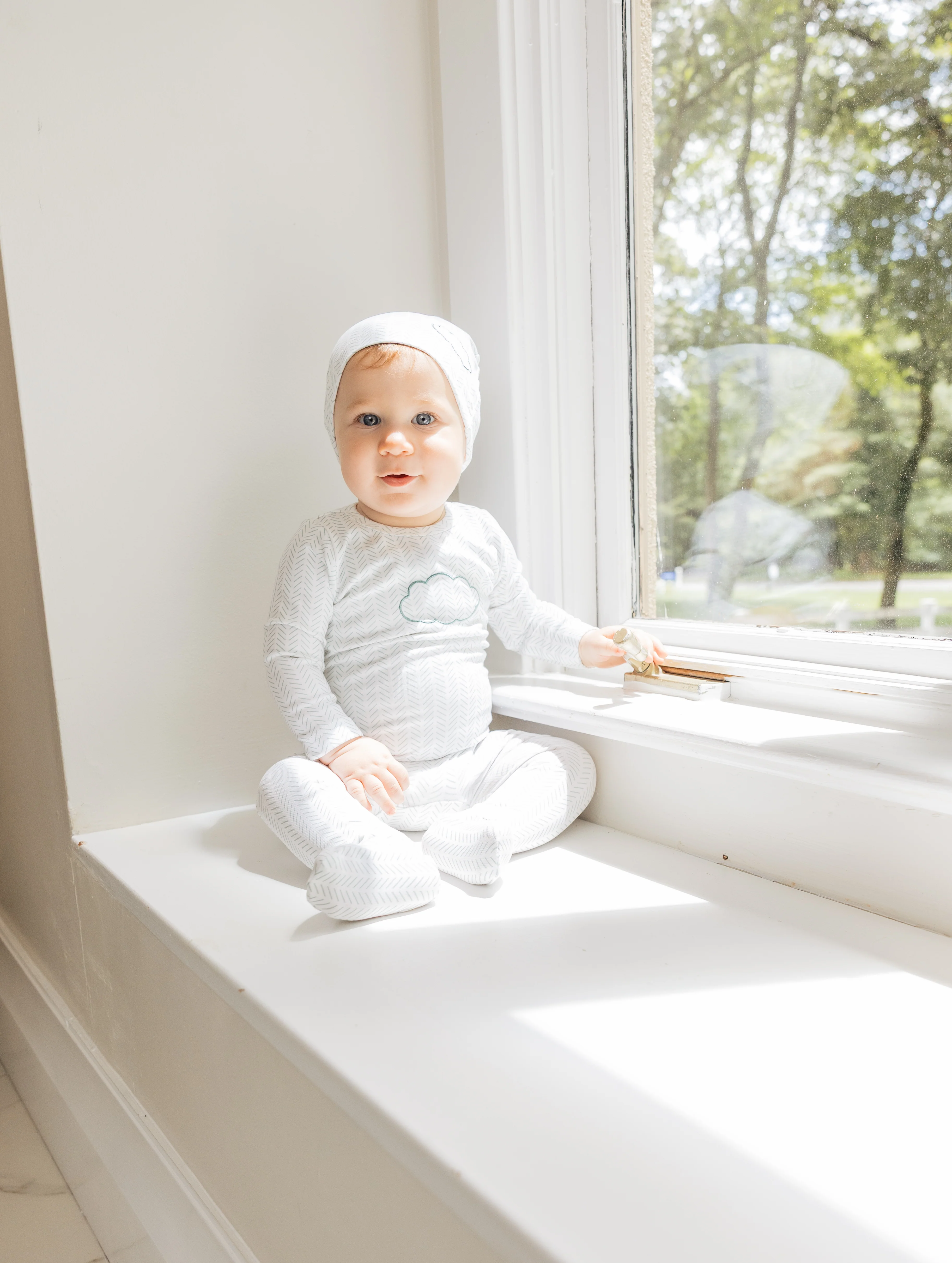 Little Label Cloud Herringbone Baby Footie & Hat Set - Light Blue - Image 2