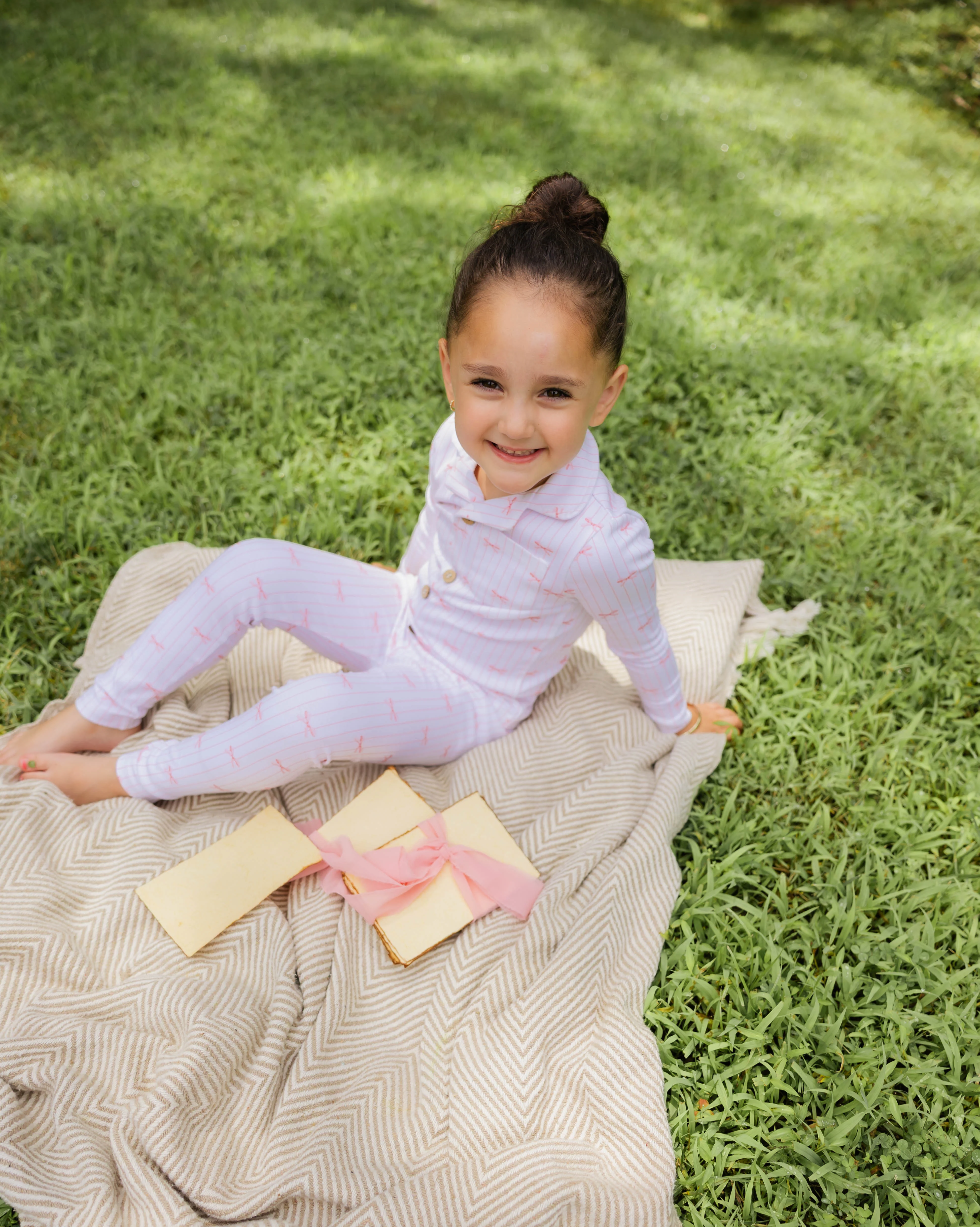 Little Label Pink Bow Print Grandpa Pajama - Pink