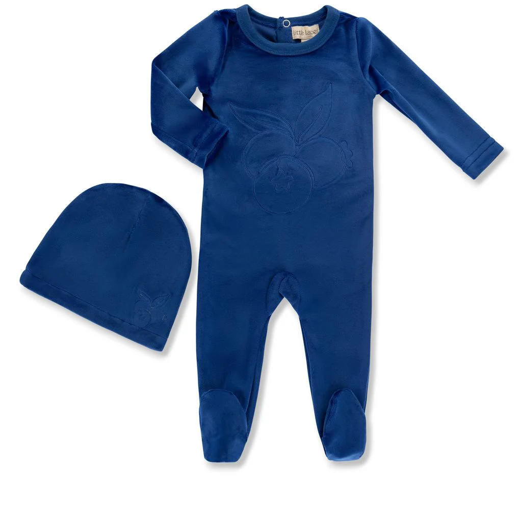 Little Label Velour Embroidered Footie & Hat Set - Boys - Blue