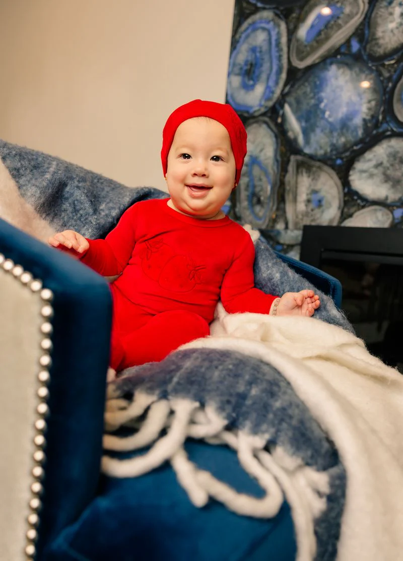 Little Label Velour Embroidered Footie & Hat Set - Girls - Red - Image 2