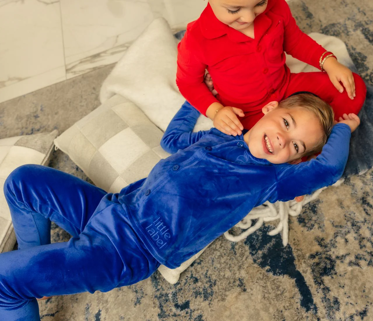Little Label Velour Pocket Embroidered Grandpa Pajama - Boys - Blue - Image 2