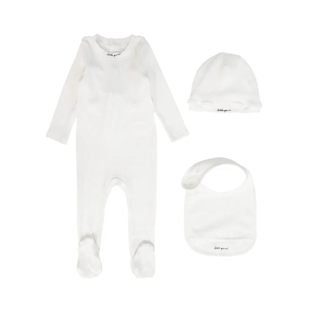 Little Parni Baby Script Footie, Beanie & Bib K534 - White