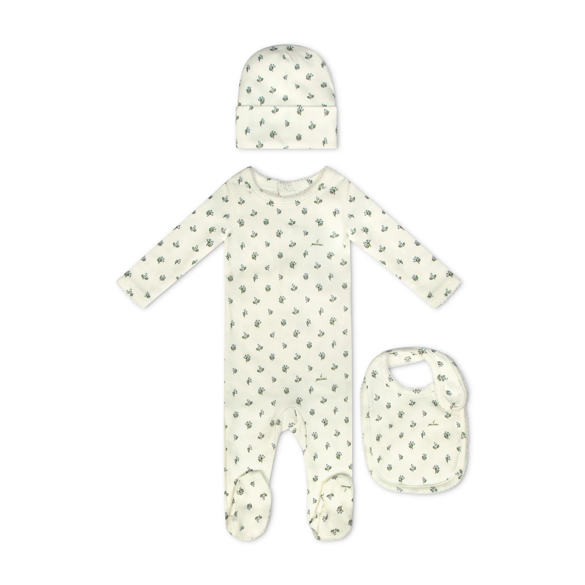 Little Parni Floral Footie, Beanie And Bib (K663) - Light Blue