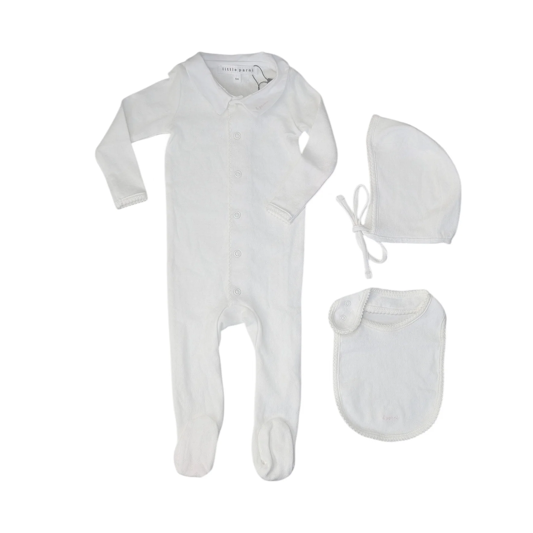 Little Parni Pointelle Footie, Bonnet And Bib (K656) - White/Pink