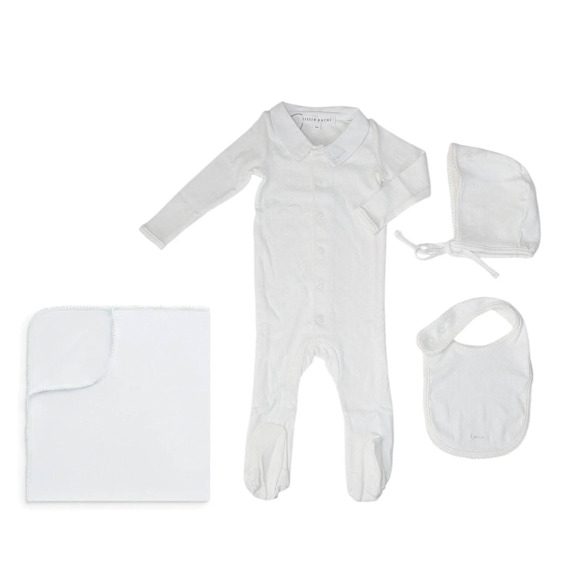 Little Parni Pointelle Footie, Bonnet, Bib & Blanket (K656+K657) - White/Blue