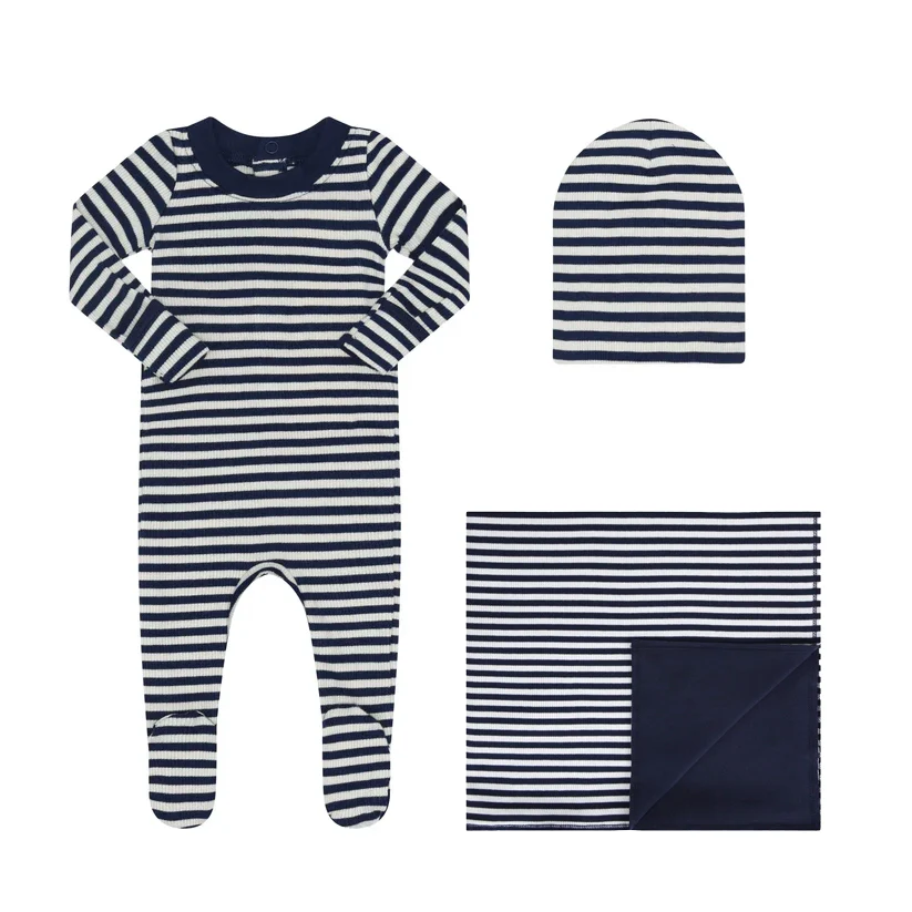 Little Parni Striped Stretchy & Blanket Set - Blue / Ivory