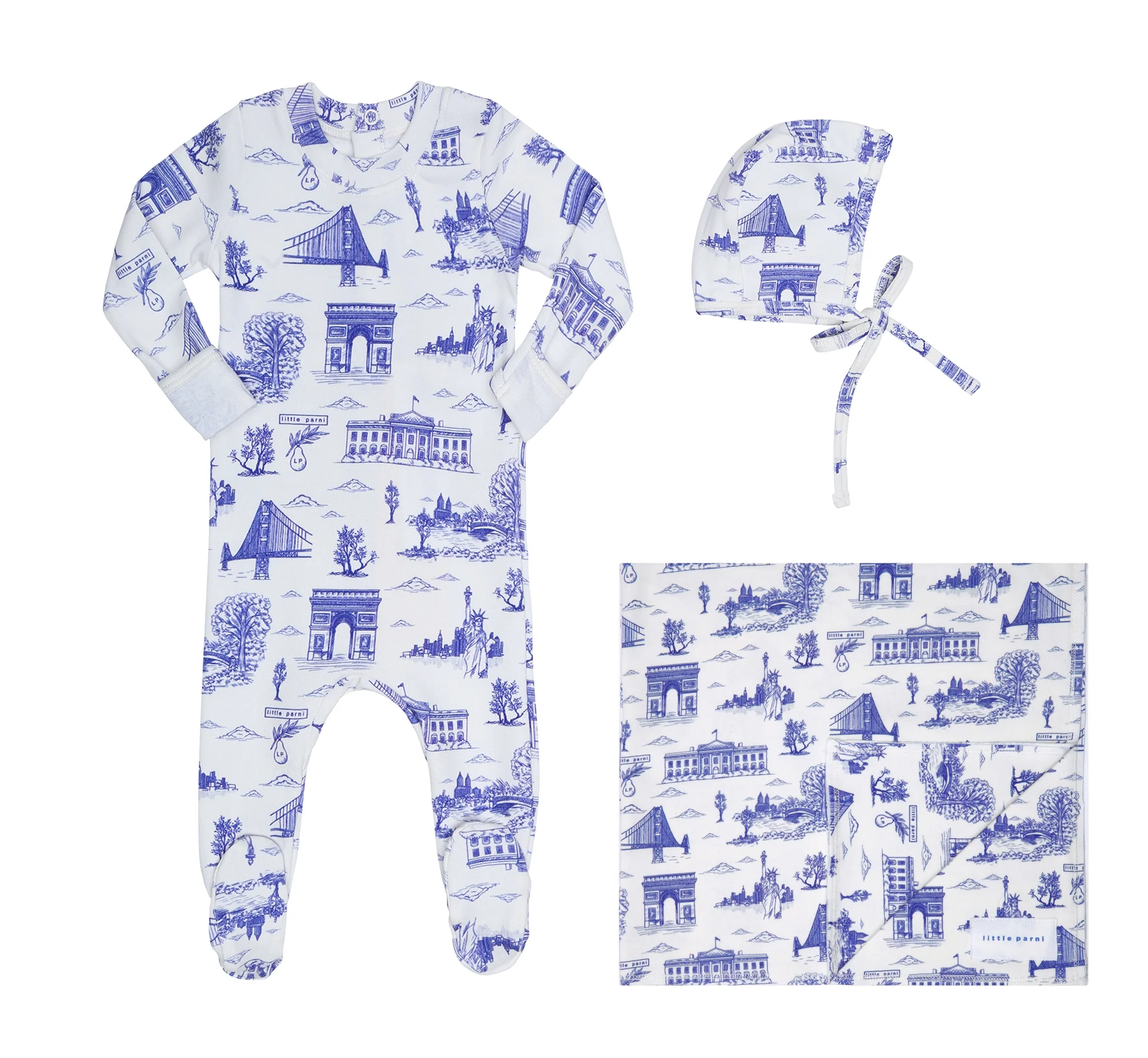 Little Parni  Toile 3PC Layette Set PJ96 - Ivory/Blue