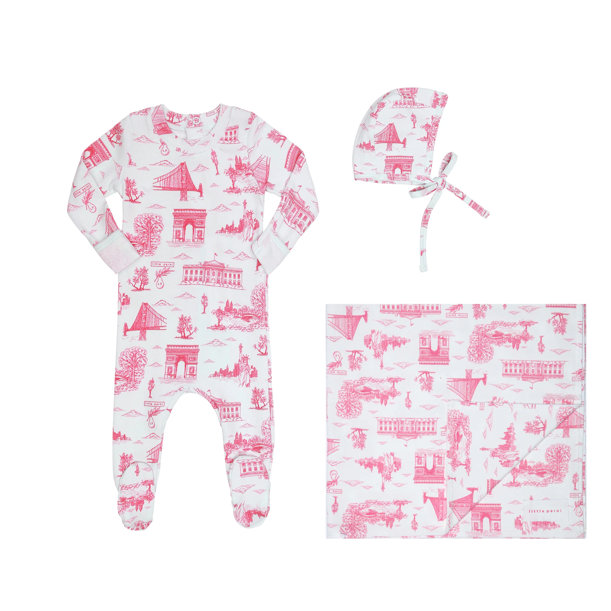 Little Parni  Toile 3PC Layette Set PJ96 - Ivory/Pink