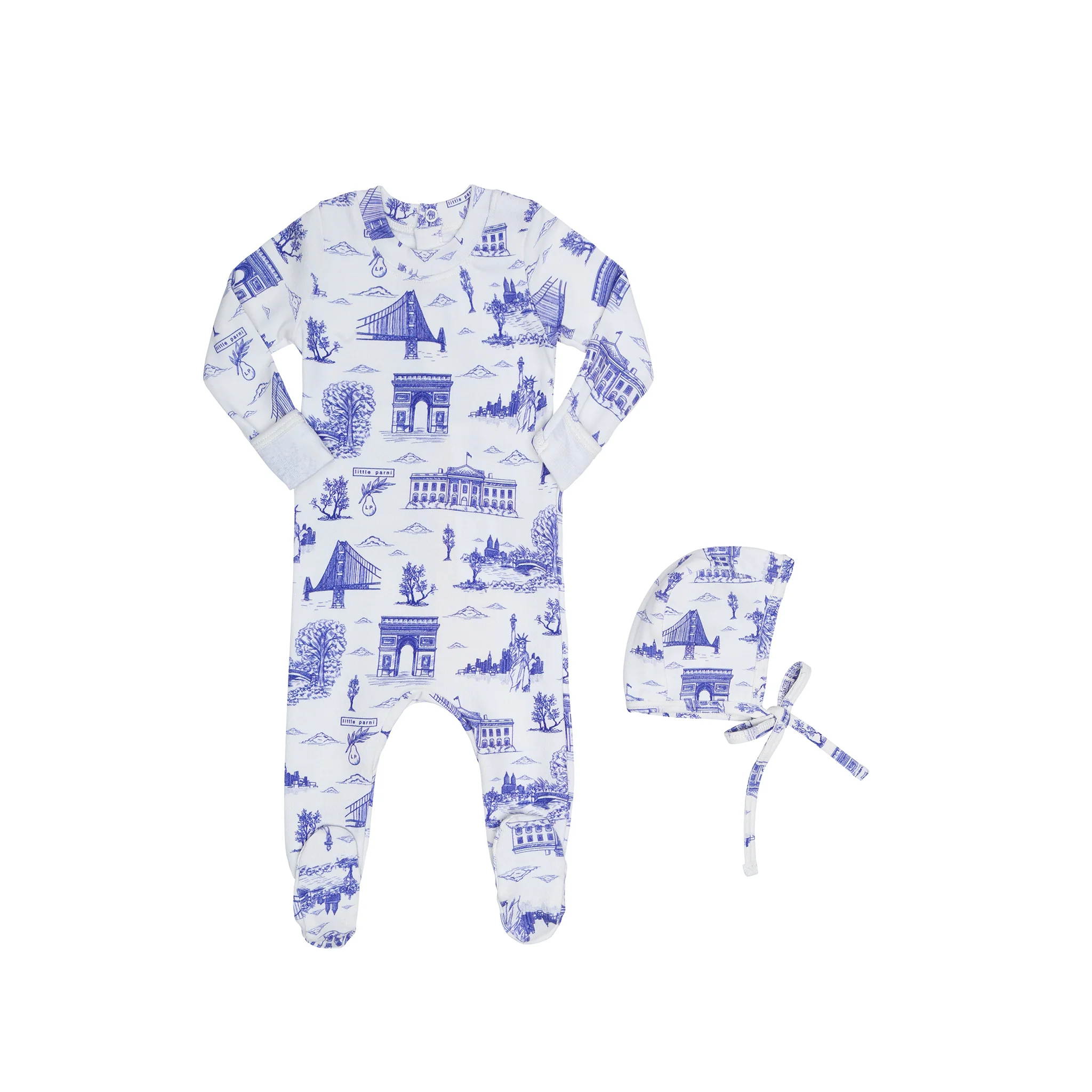 Little Parni  Toile Stretchy & Beanie PJ96 - Ivory/Blue