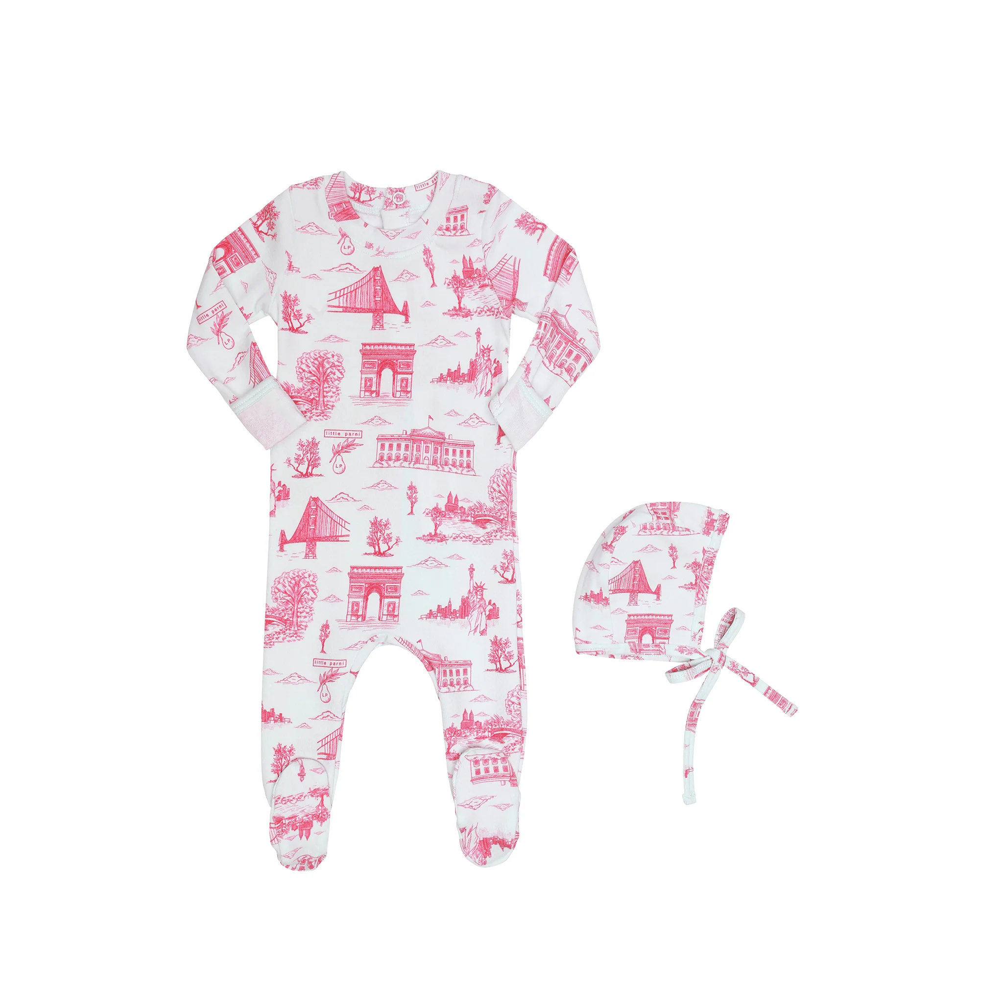 Little Parni  Toile Stretchy & Beanie PJ96 - Ivory/Pink