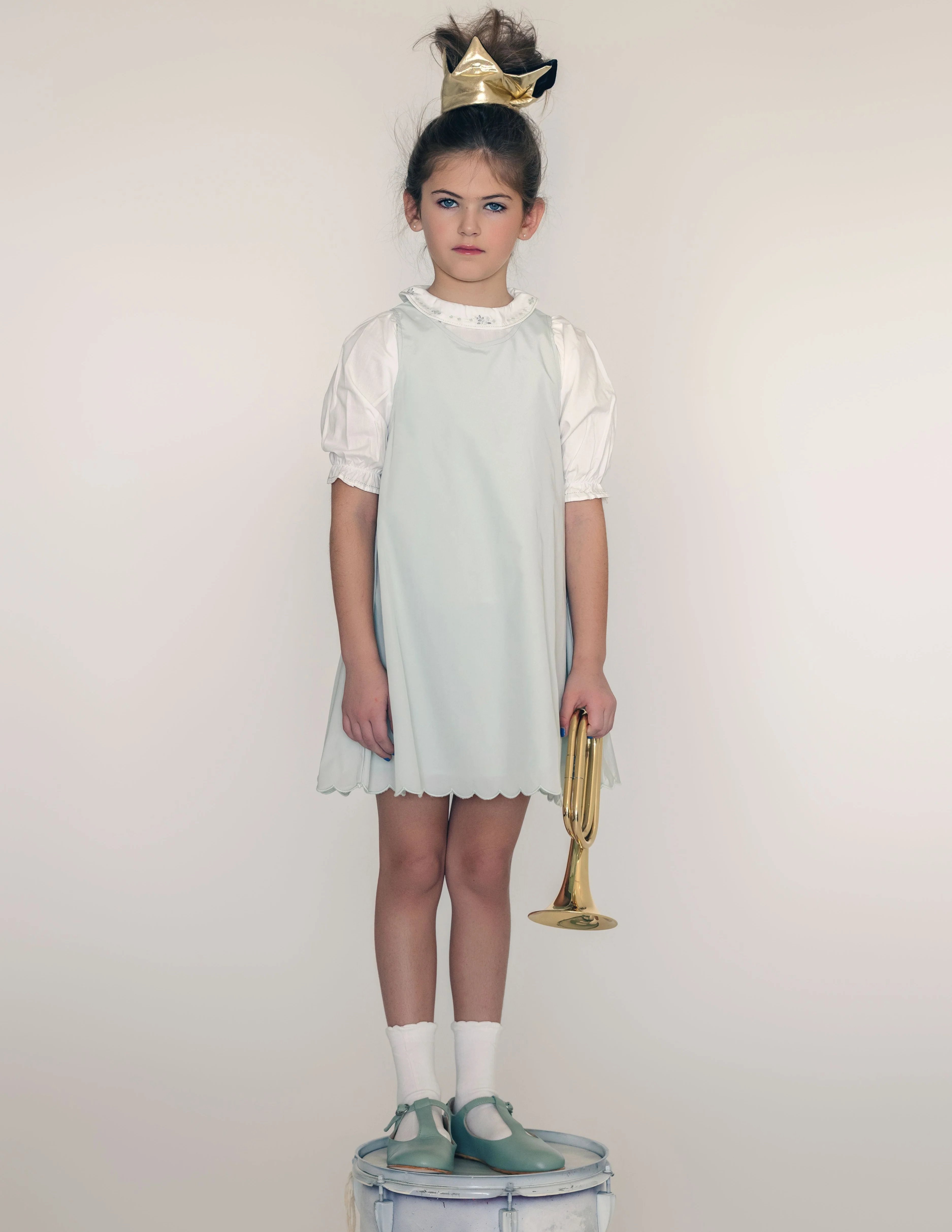 Little Tempest Scallop Hem Jumper And Embroidered Blouse Set - Mint Green/White