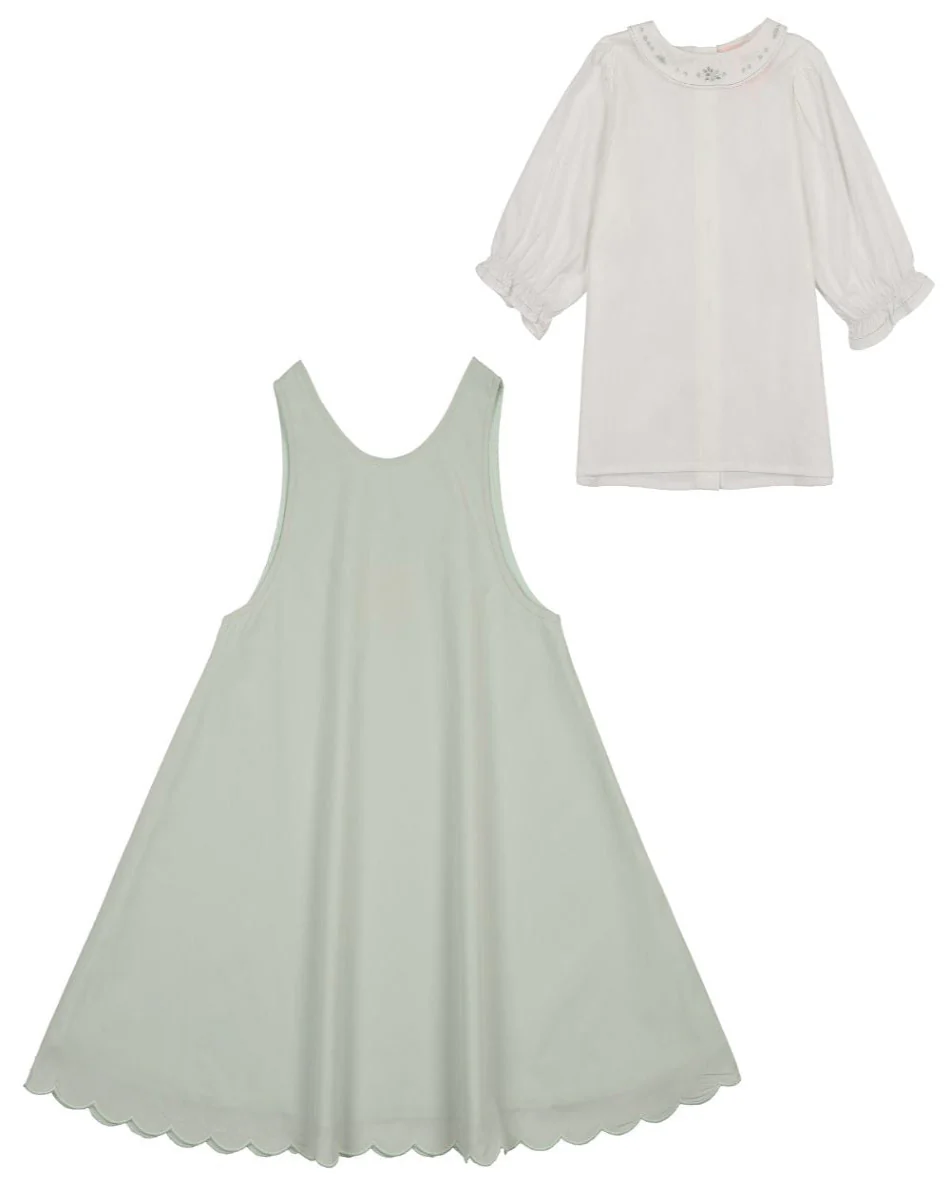 Little Tempest Scallop Hem Jumper And Embroidered Blouse Set - Mint Green/White - Image 2