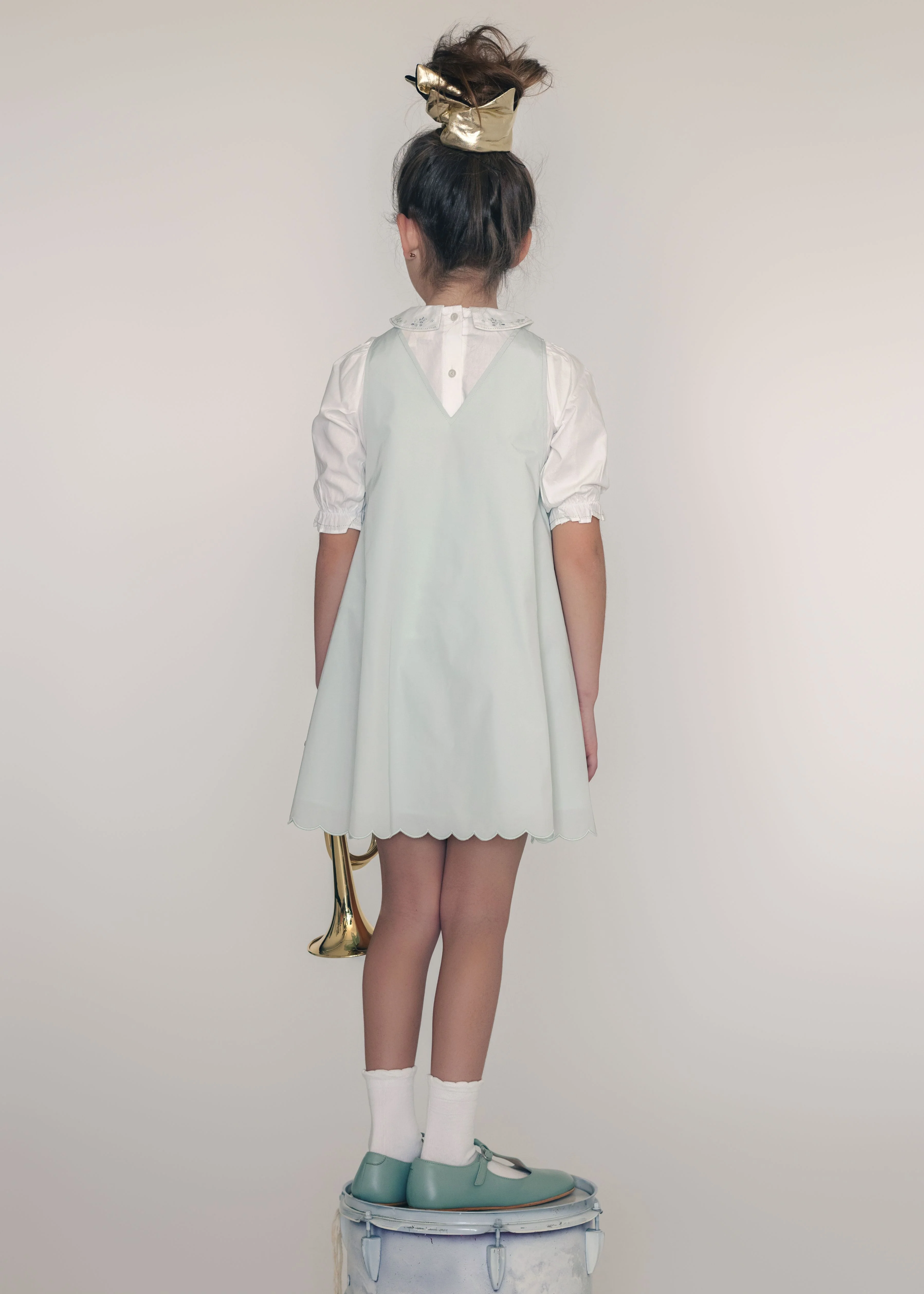 Little Tempest Scallop Hem Jumper And Embroidered Blouse Set - Mint Green/White - Image 3