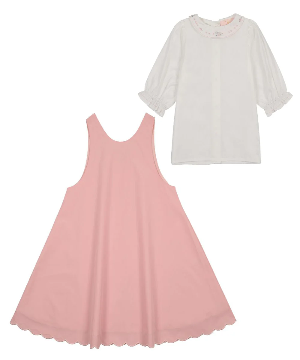 Little Tempest Scallop Hem Jumper And Embroidered Blouse Set - Salmon/White - Image 2
