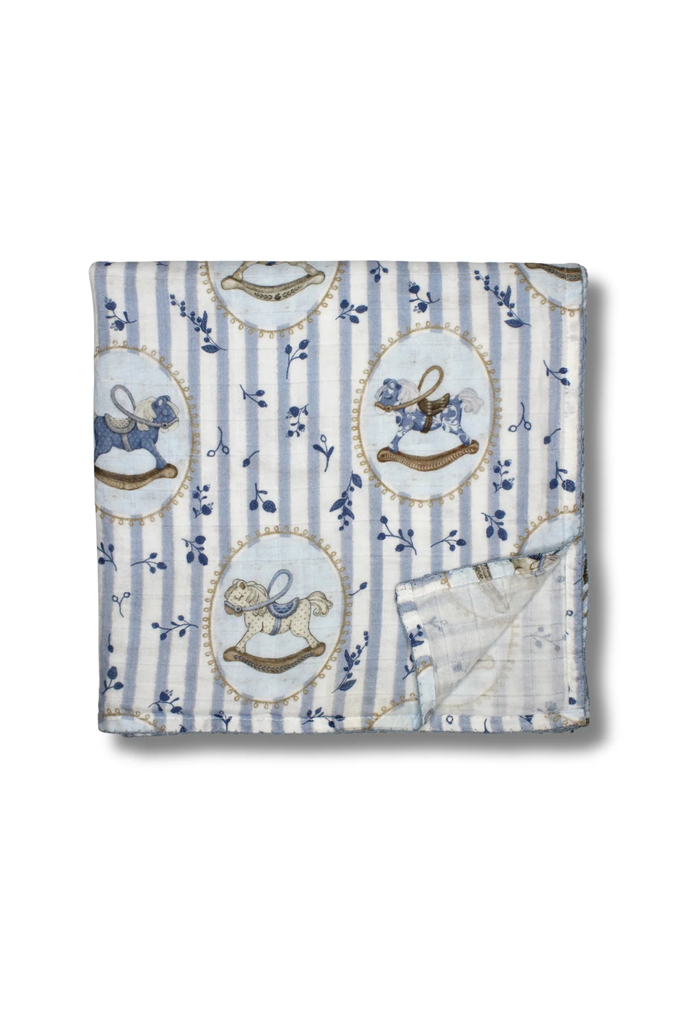 Little Threads Blue Rocking Horse Muslin Blanket - Image 3