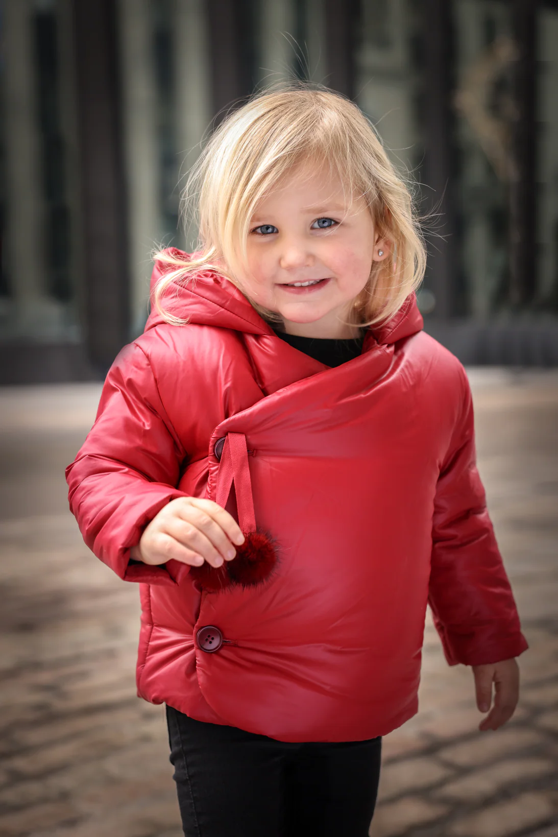 Mantel Side Opening pom pom tie Winter Jacket - Red - Image 2