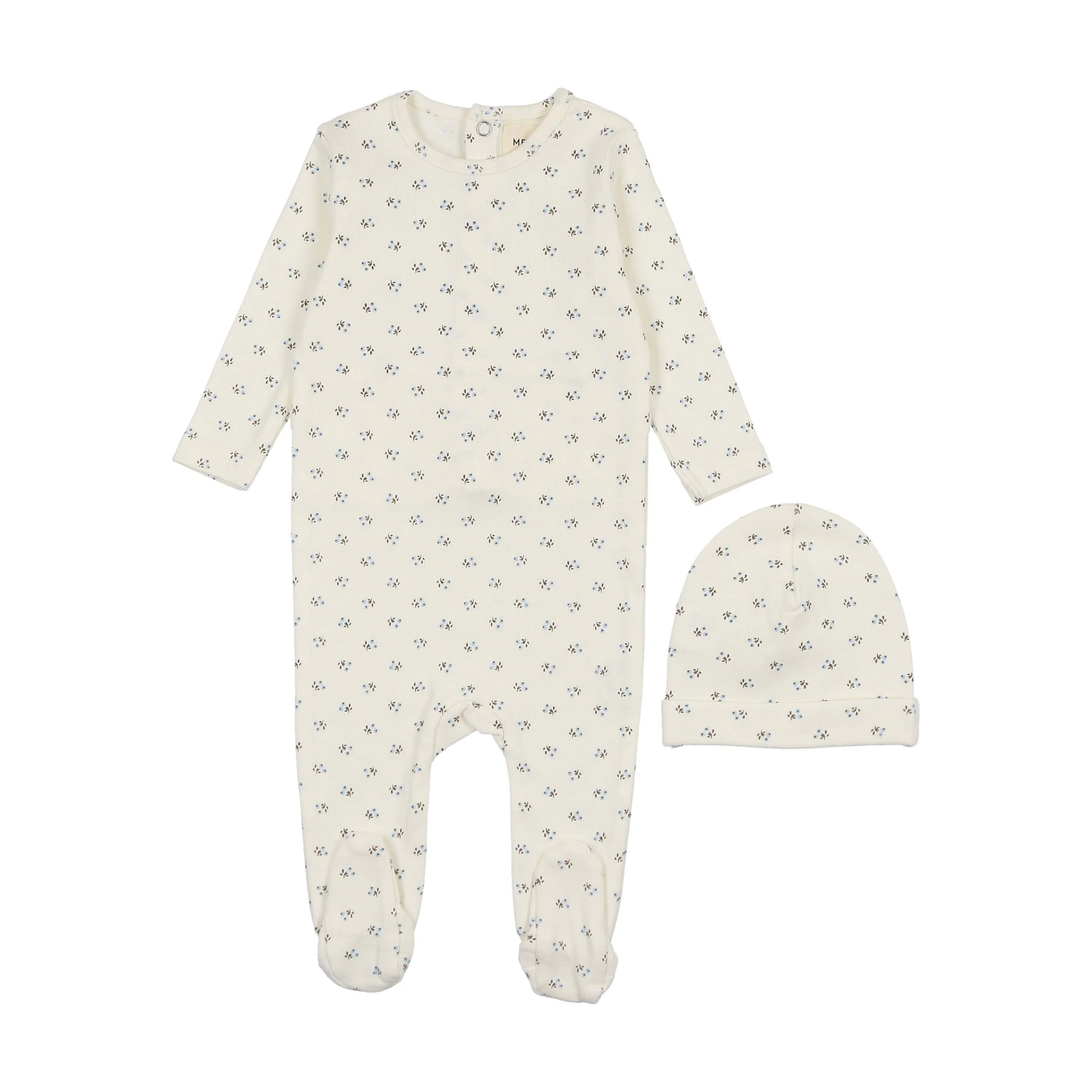 Mema Bud Print Footie & Beanie - Blissful Blue