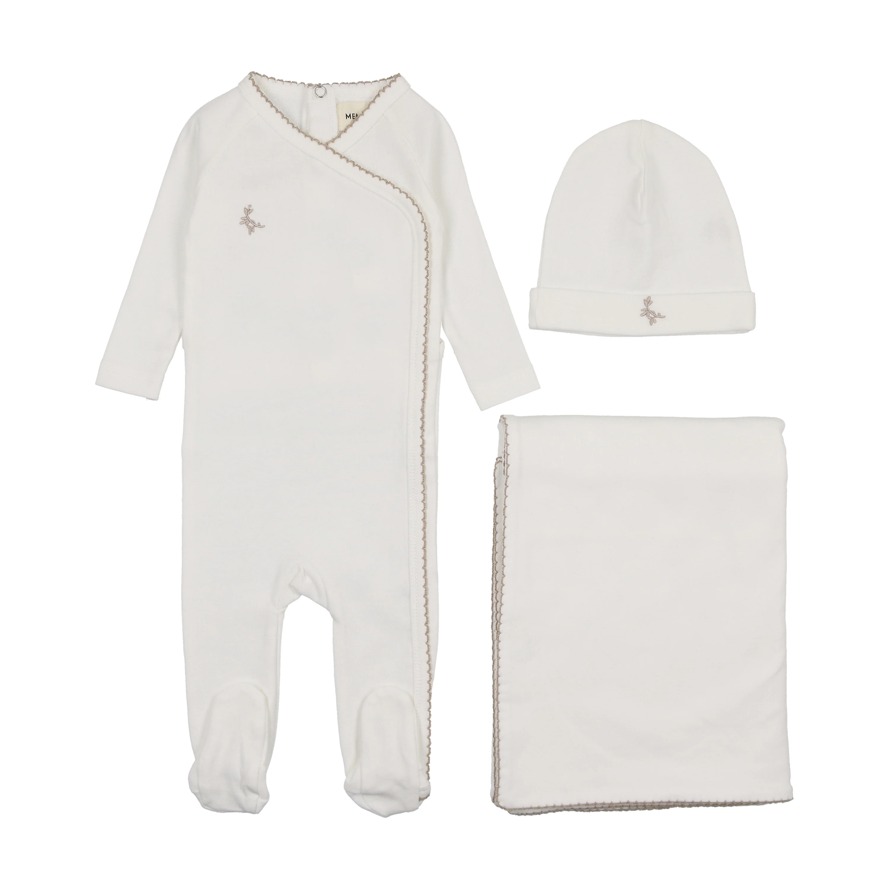 Mema Embroidered Picot Edge 3PC Layette Set - Winter White/Metallic Mauve