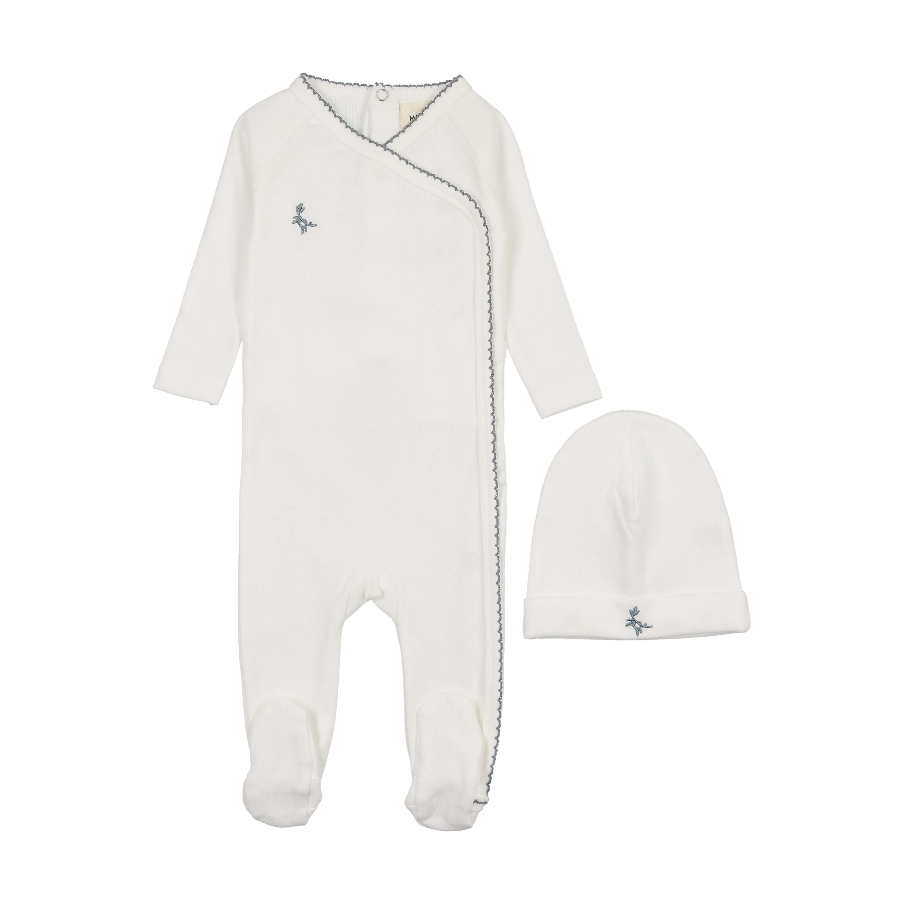 Mema Embroidered Picot Edge Footie & Beanie - Winter White/Metallic Blue