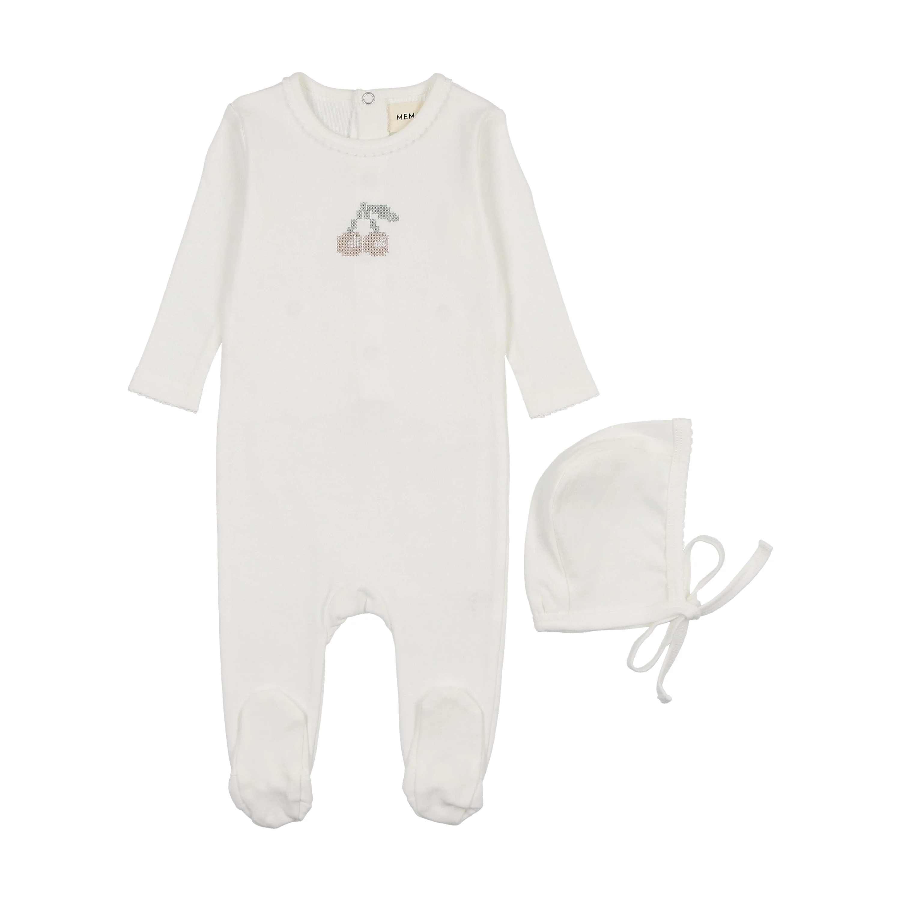 Mema Embroidered Cherry Footie & Beanie - White/Taupe