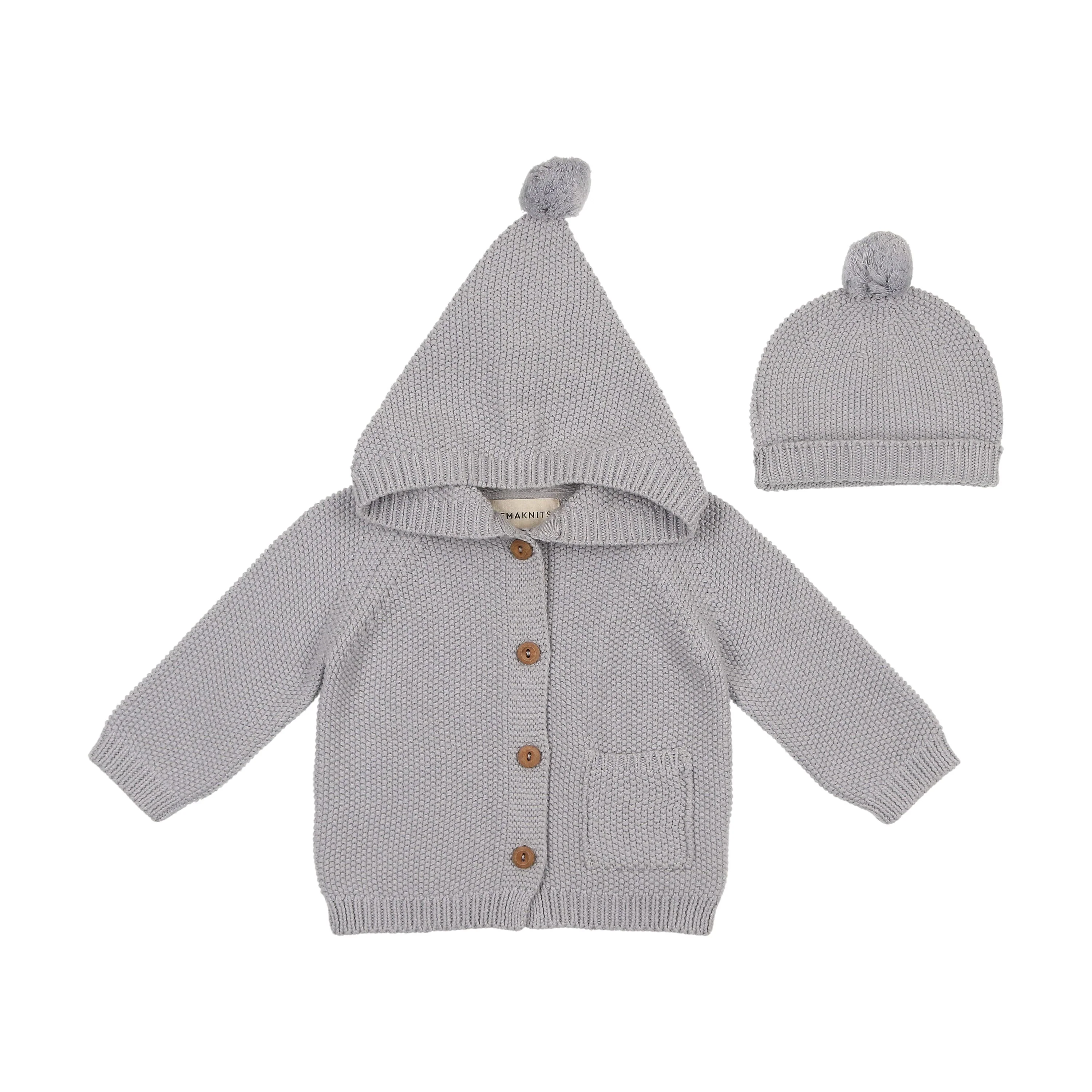 Mema Knits Hooded Knit Sweater And Beanie - Light Blue