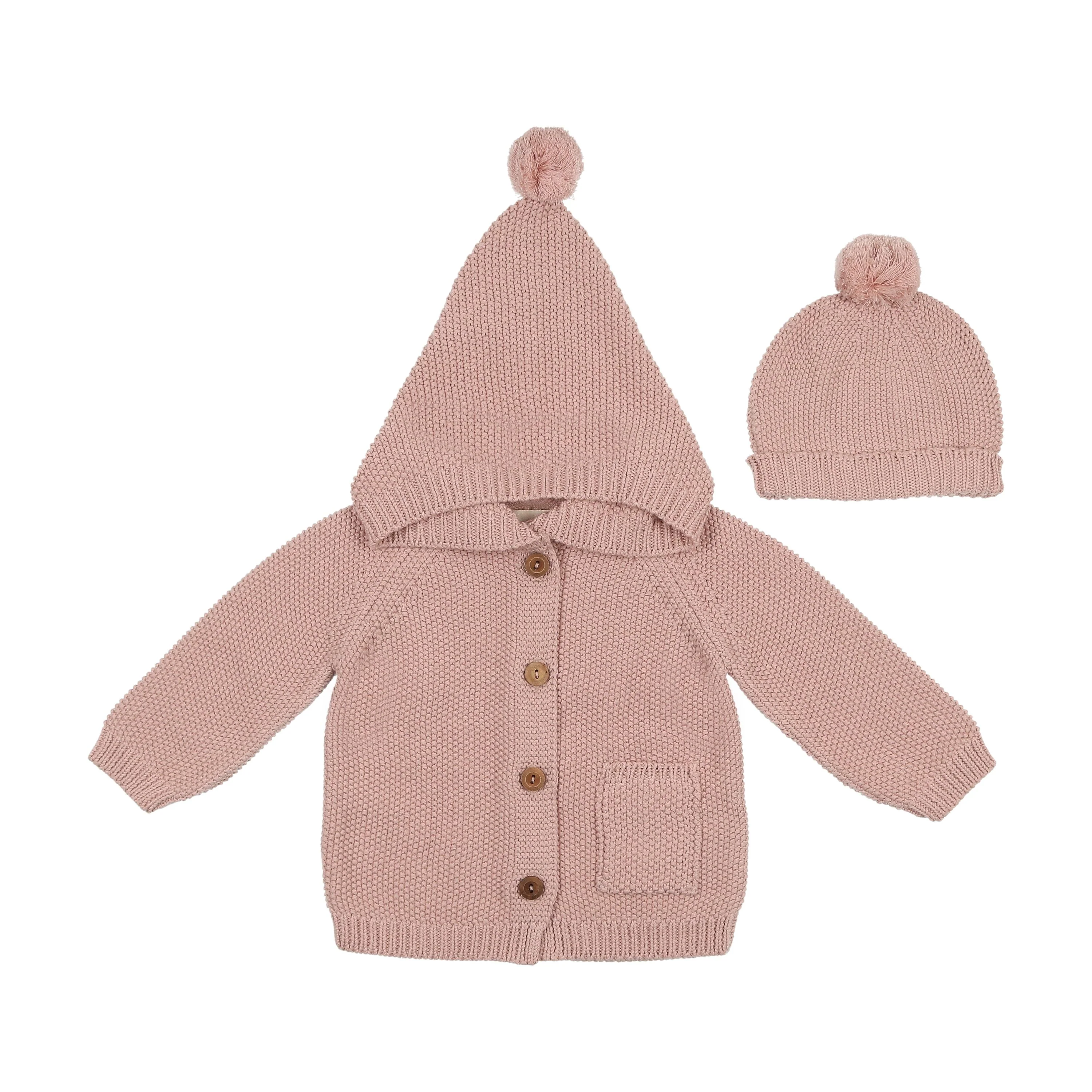 Mema Knits Hooded Knit Sweater And Beanie - Rose