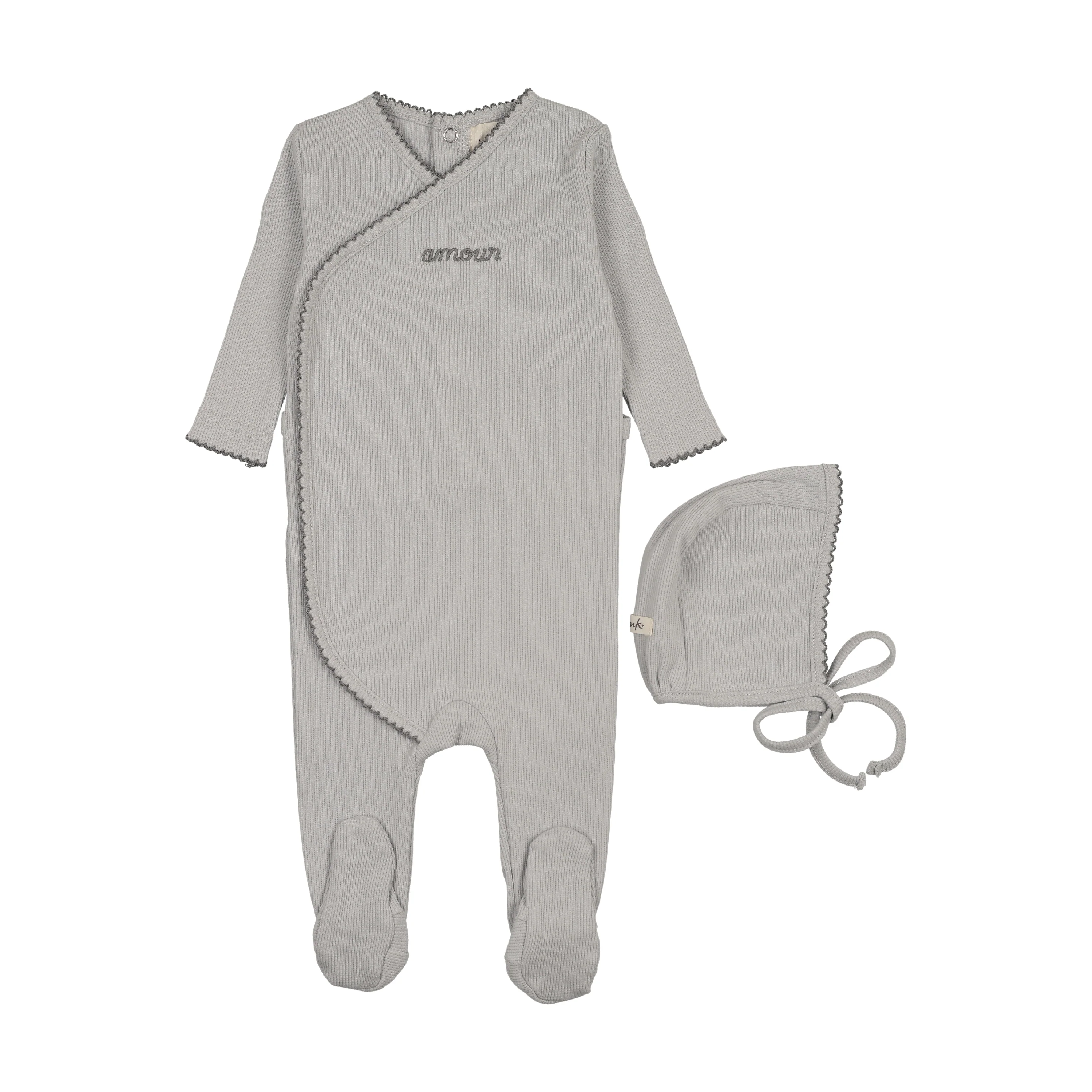 Mema Knits Amour Embroidered Footie And Bonnet - Gray Dawn/Blue Embroidery