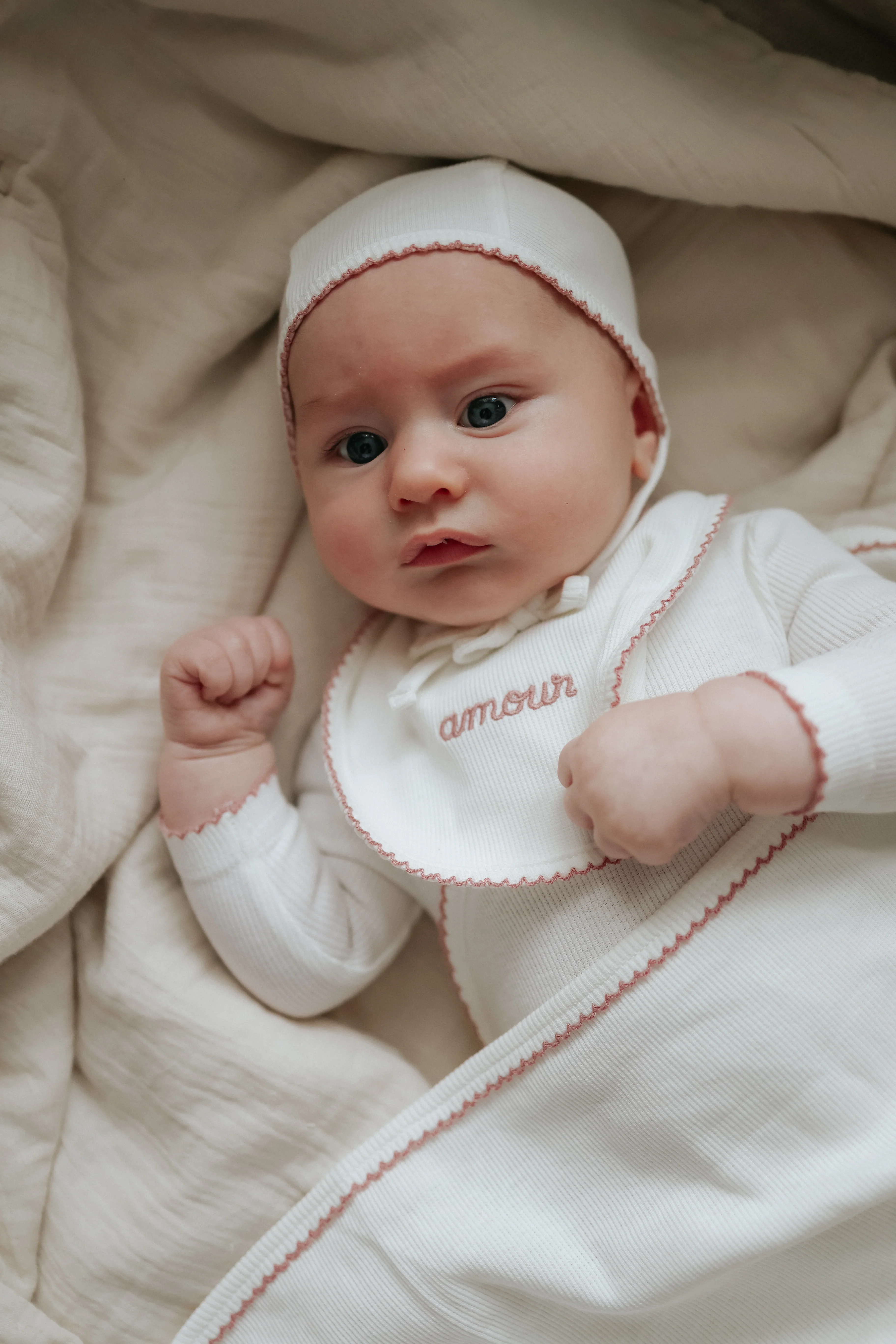 Mema Knits Amour Embroidered Four Piece Layette Set (Includes Bib) - Winter White/Mauve Embroidery - Image 2
