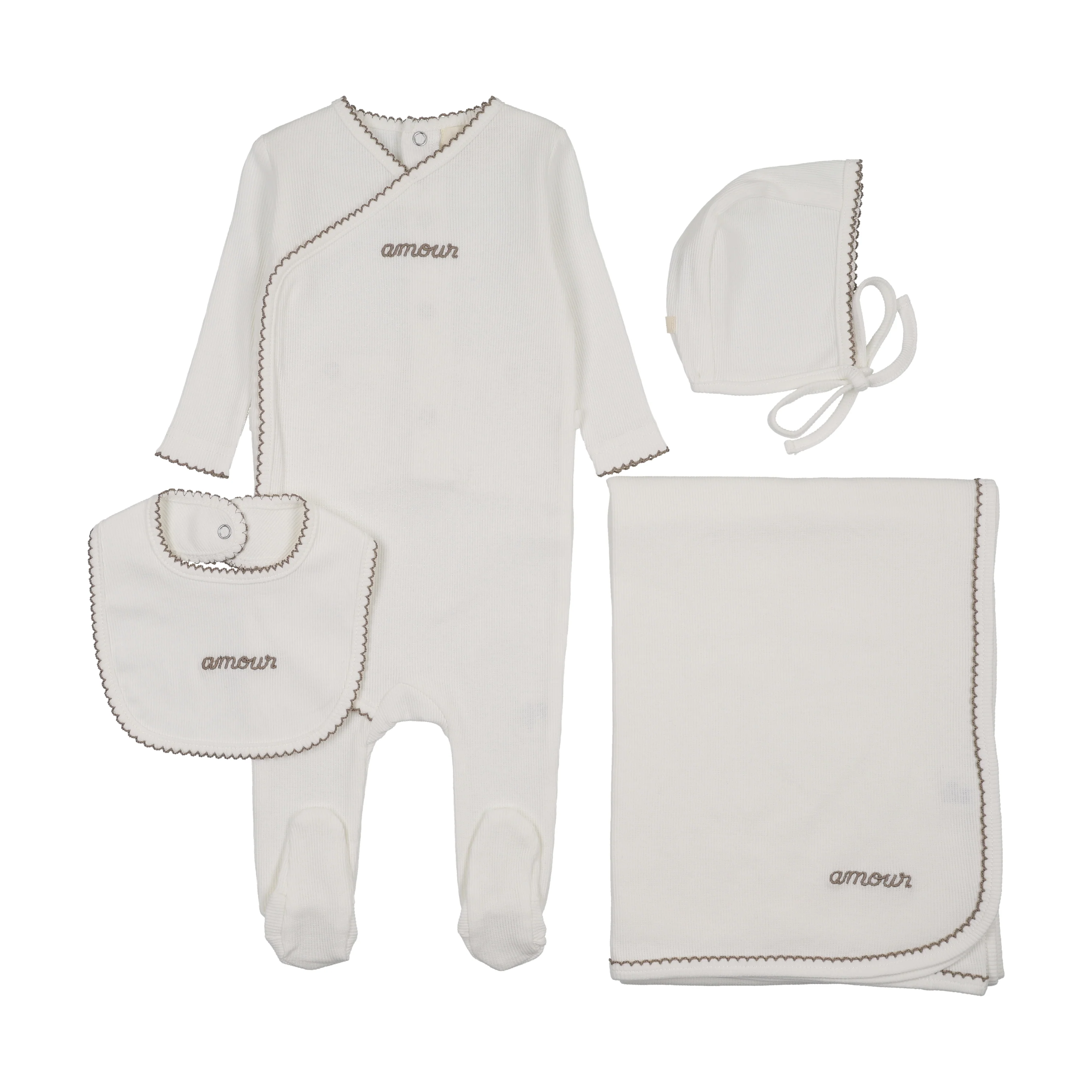 Mema Knits Amour Embroidered Four Piece Layette Set (Includes Bib) - Winter White/Taupe Embroidery