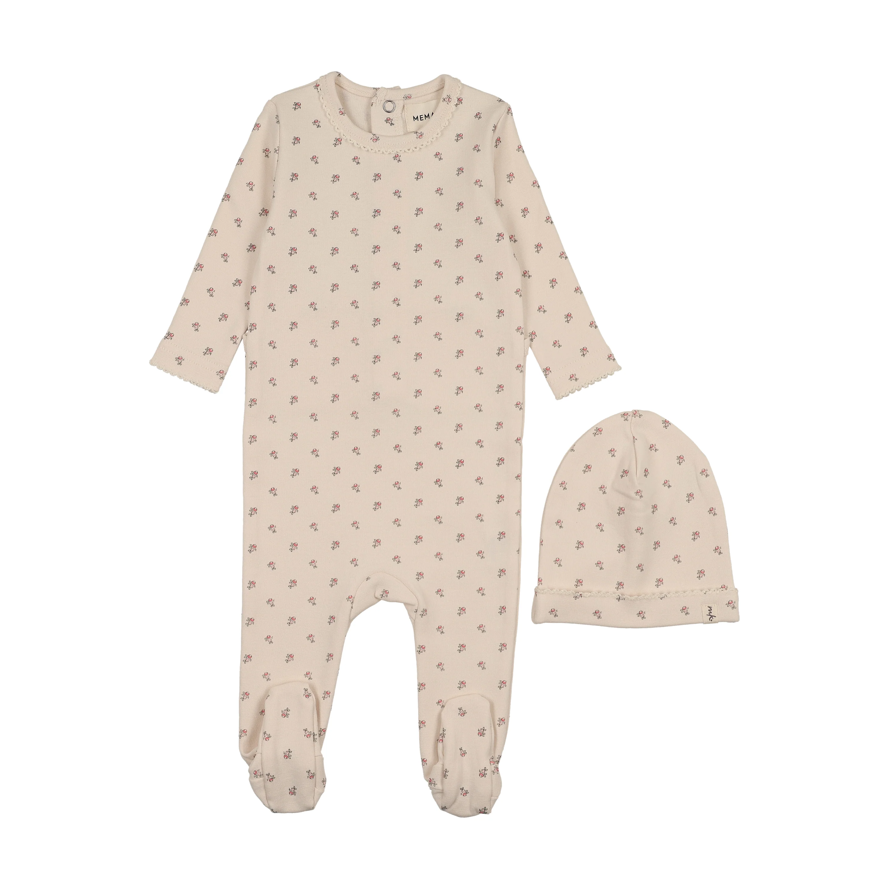 Mema Knits Berry Print Footie & Bonnet - Pink Berry Print