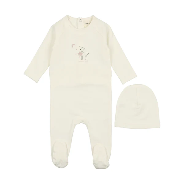 Mema Knits Deer Print Footie + Beanie - Winter White