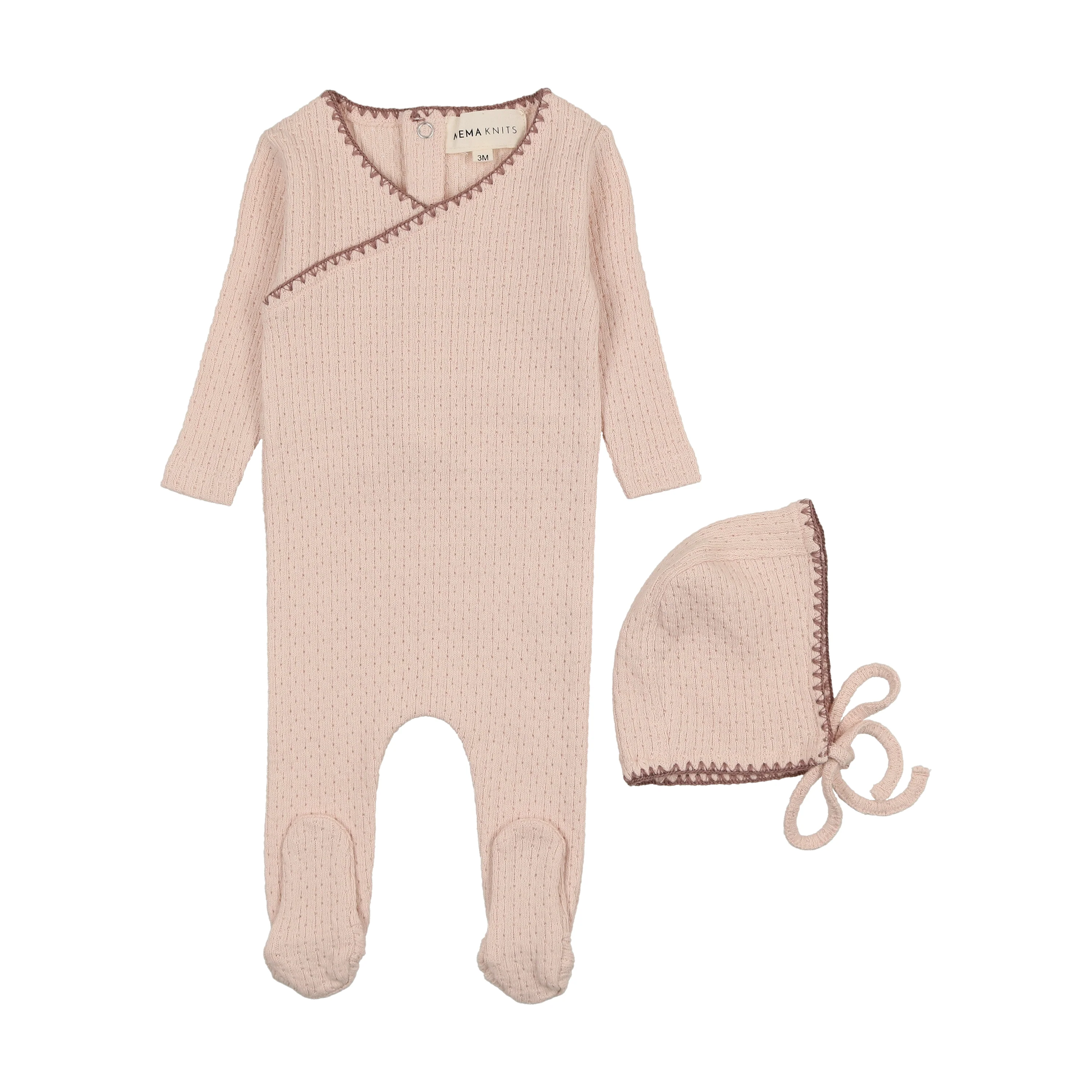 Mema Knits Embroidered Edge Footie & Bonnet - Soft Pink/Clay
