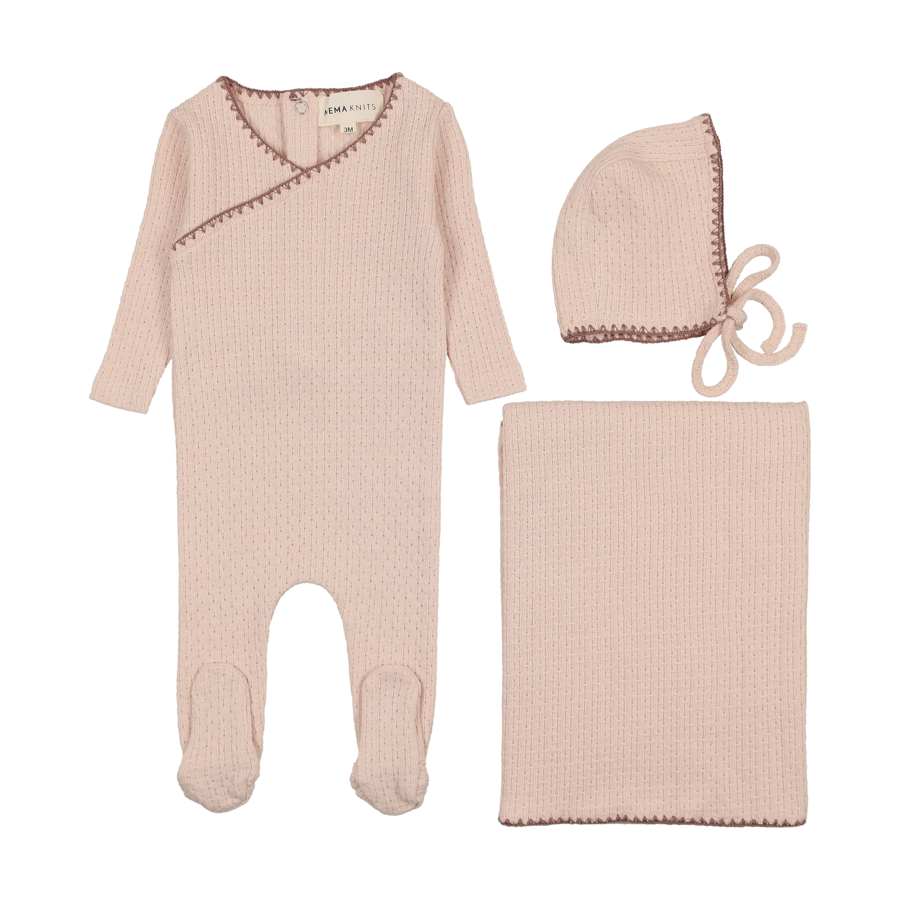 Mema Knits Embroidered Edge 3PC Set - Soft Pink/Clay
