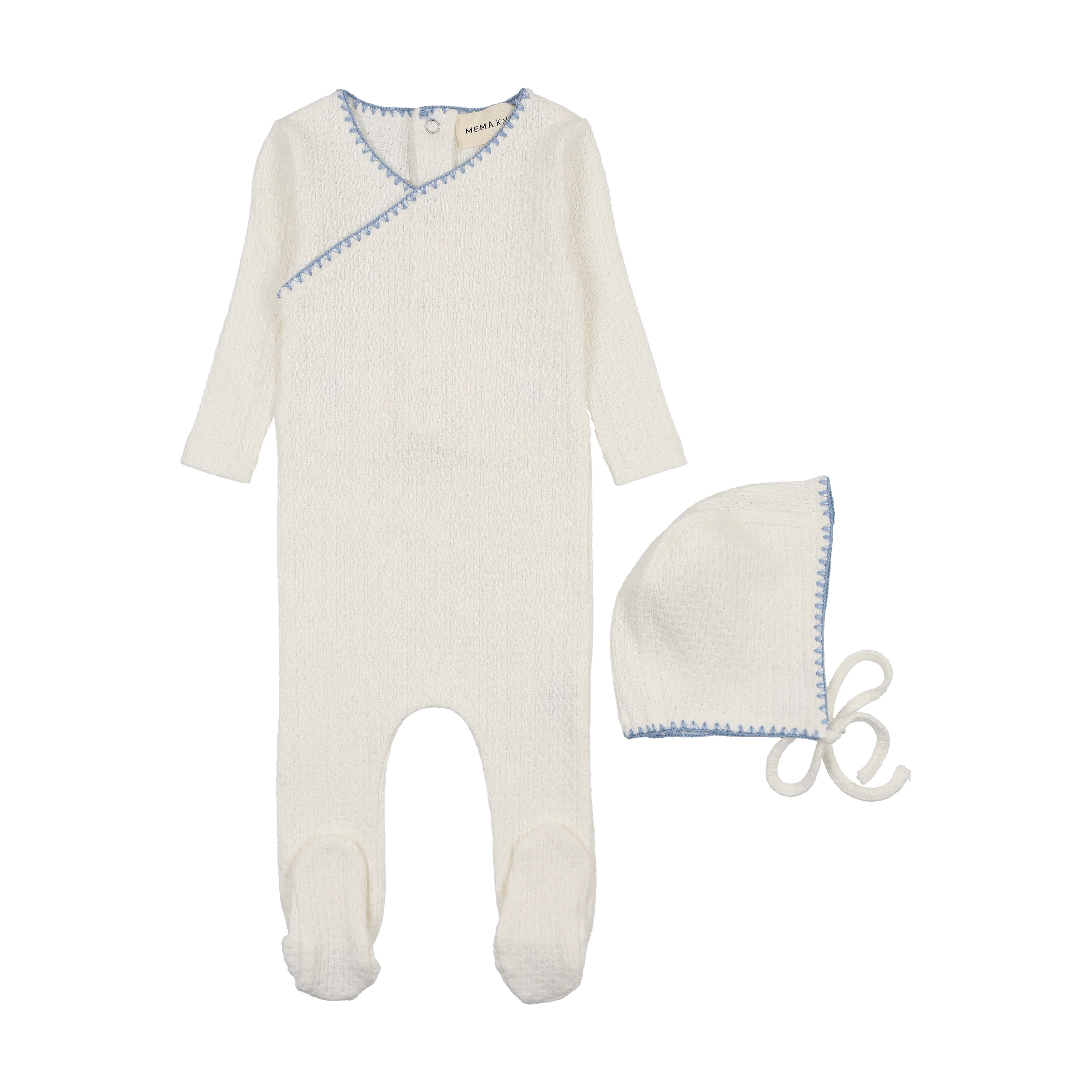 Mema Knits Embroidered Edge Footie & Bonnet - White/Soft Blue
